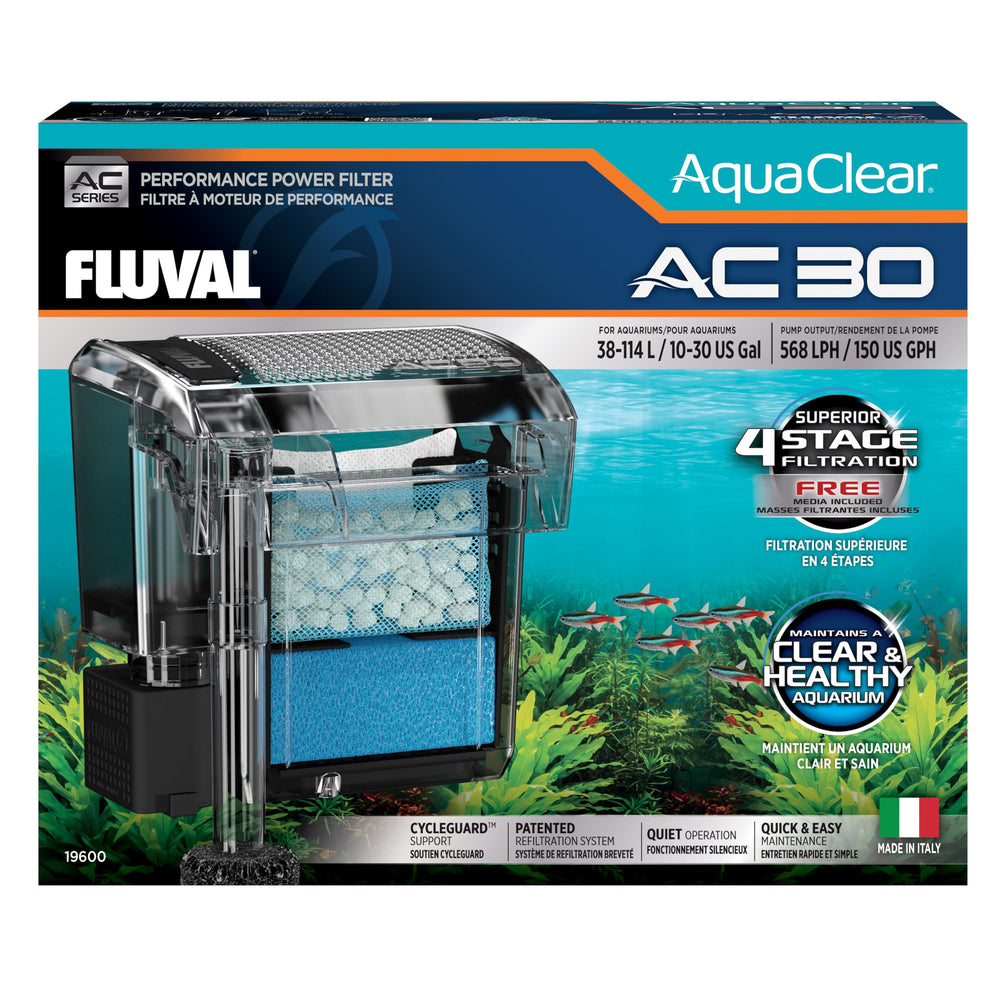Fluval AC30, frente del filtro, diseño compacto para acuarios ordenados.