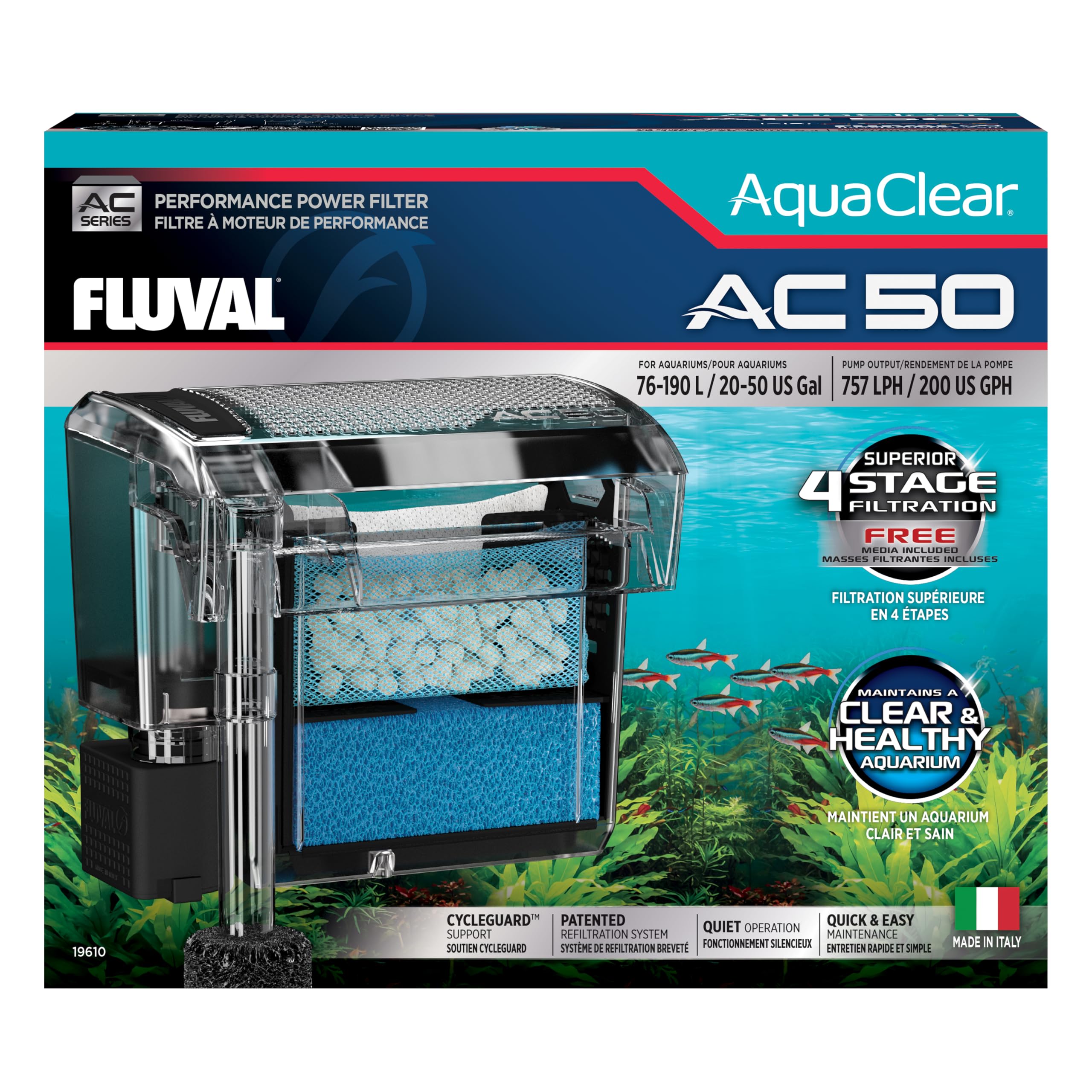 Fluval AC50 filtro frontal para acuario ofrece flujo estable.