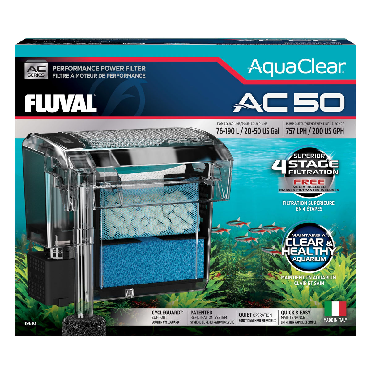 Fluval AC50 filtro frontal para acuario ofrece flujo estable.