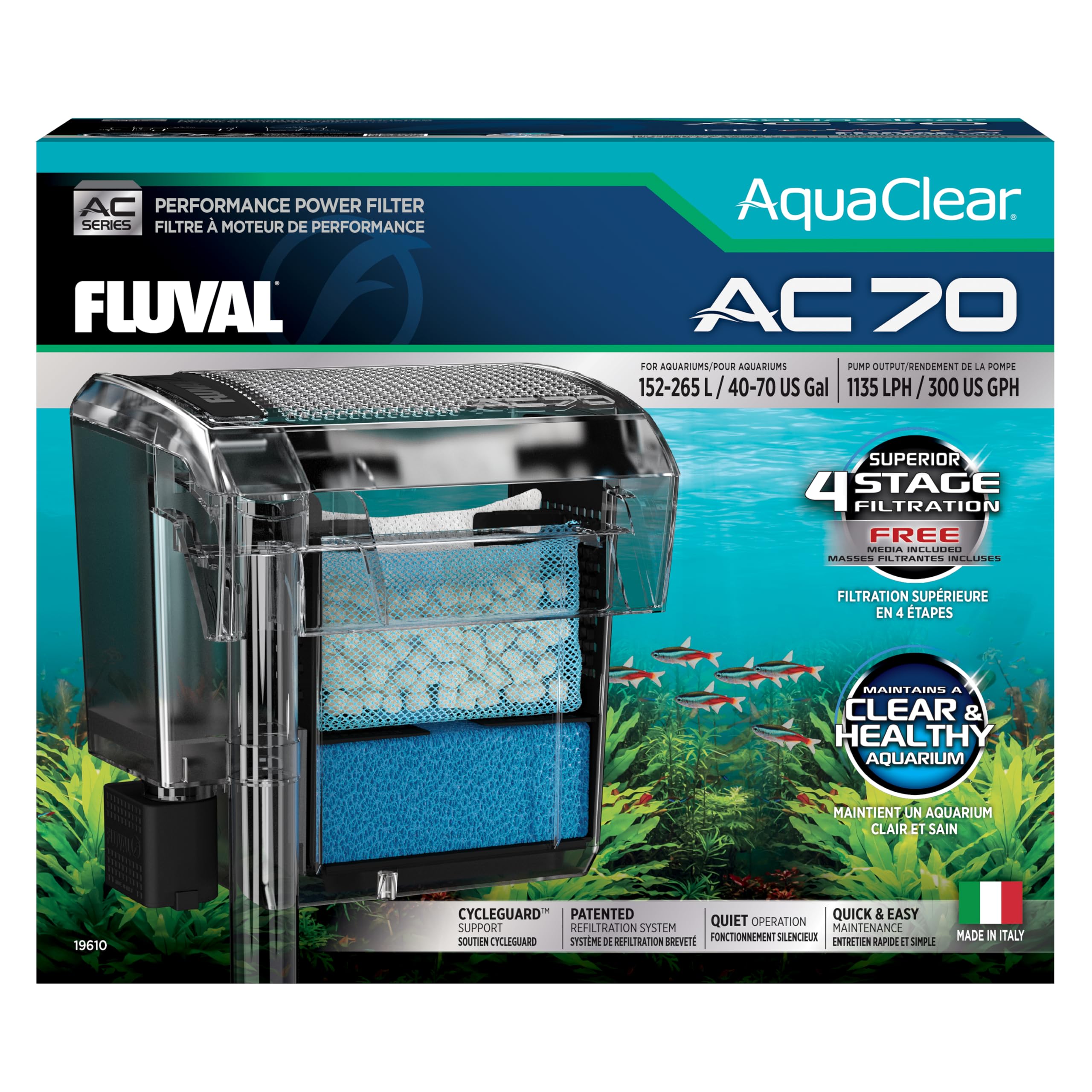 Filtro Fluval AC70 en acuario, mejora la filtración visible.