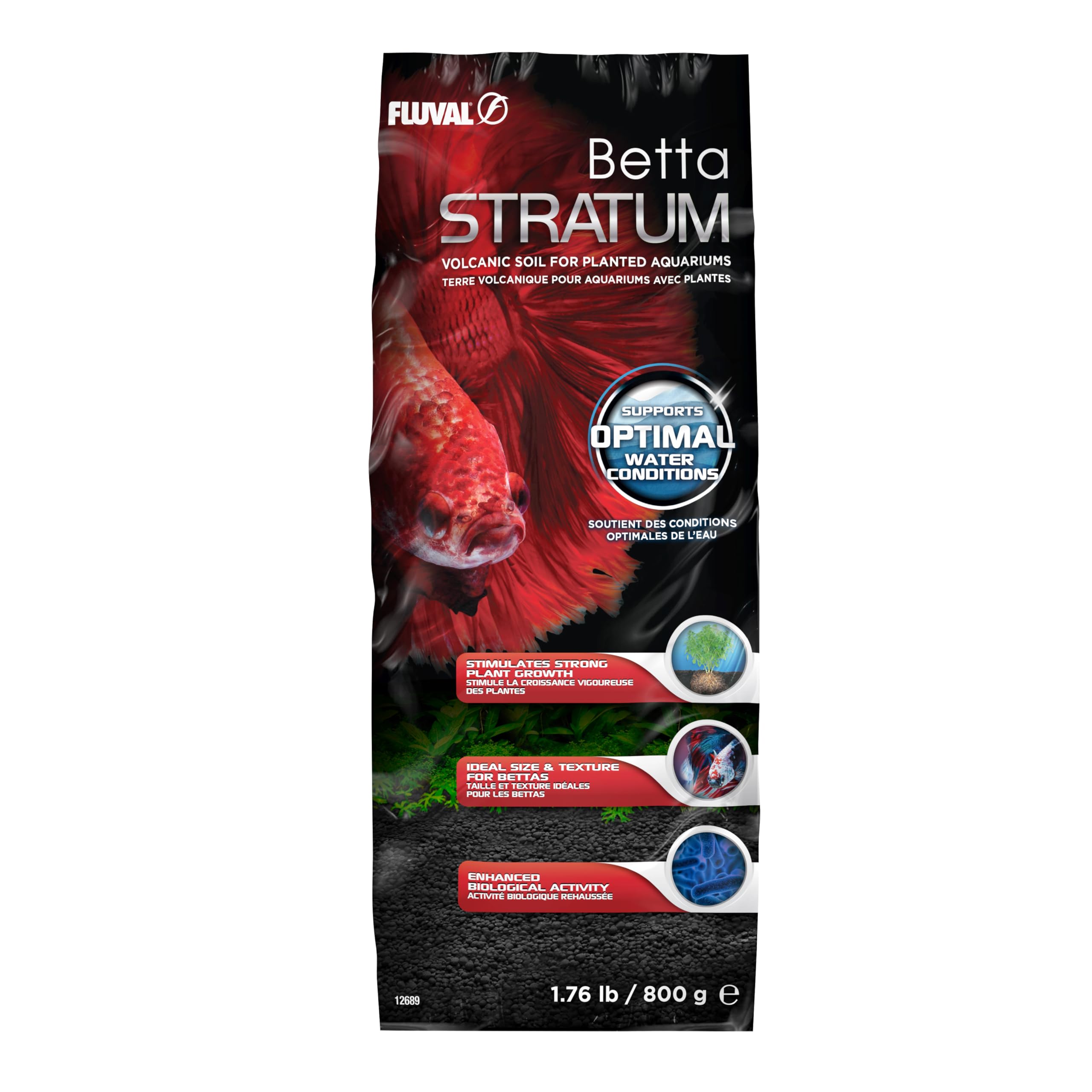 Sustrato Fluval Betta Stratum para nanoacuario con plantas, favorece raíces fuertes y crecimiento vegetal.