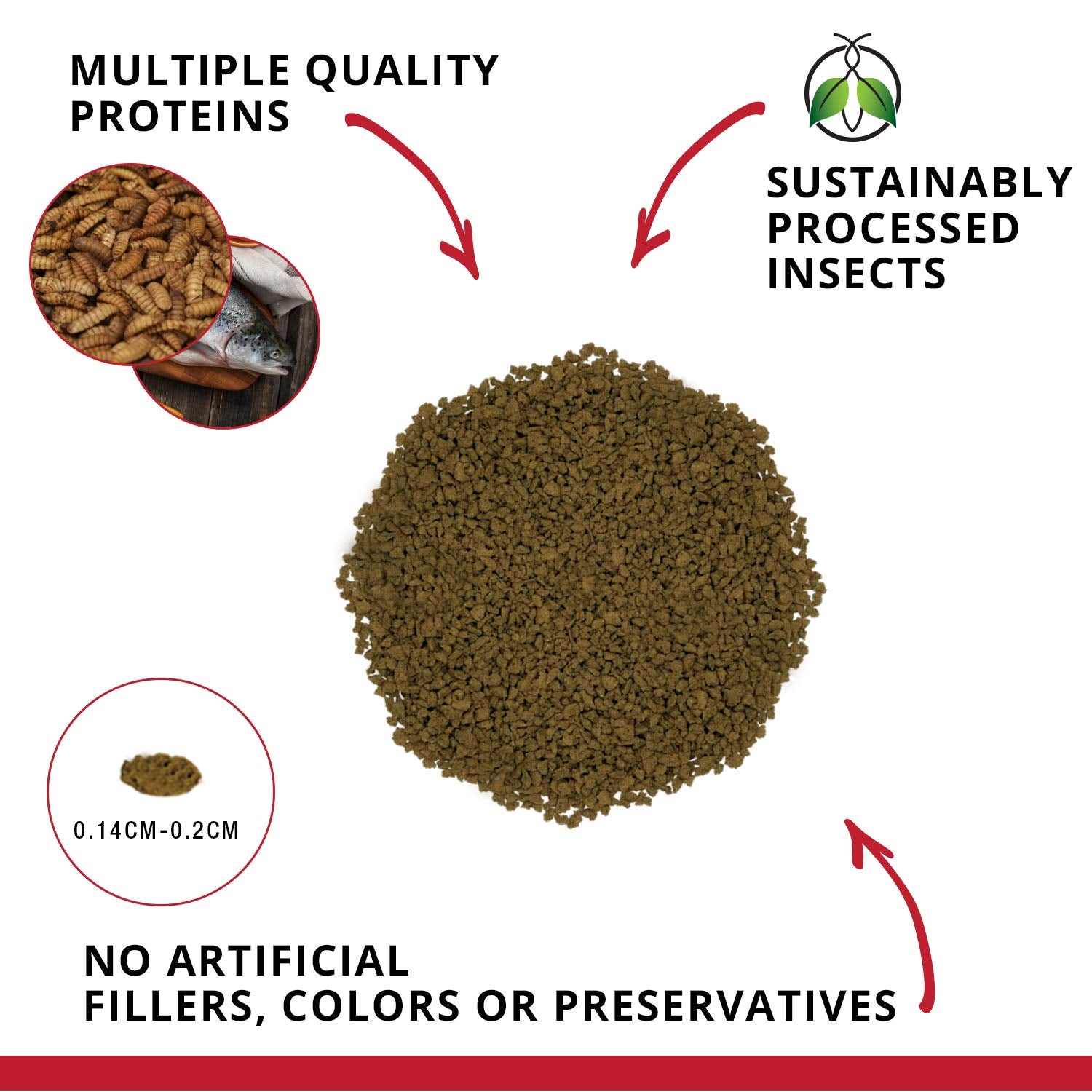 Fluval Bug Bites granulos cerca, proteína insecto para crecimiento saludable.