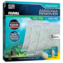 Fluval Eliminador de amoniaco, vista frontal de tres unidades, facilita condiciones estables en el acuario.