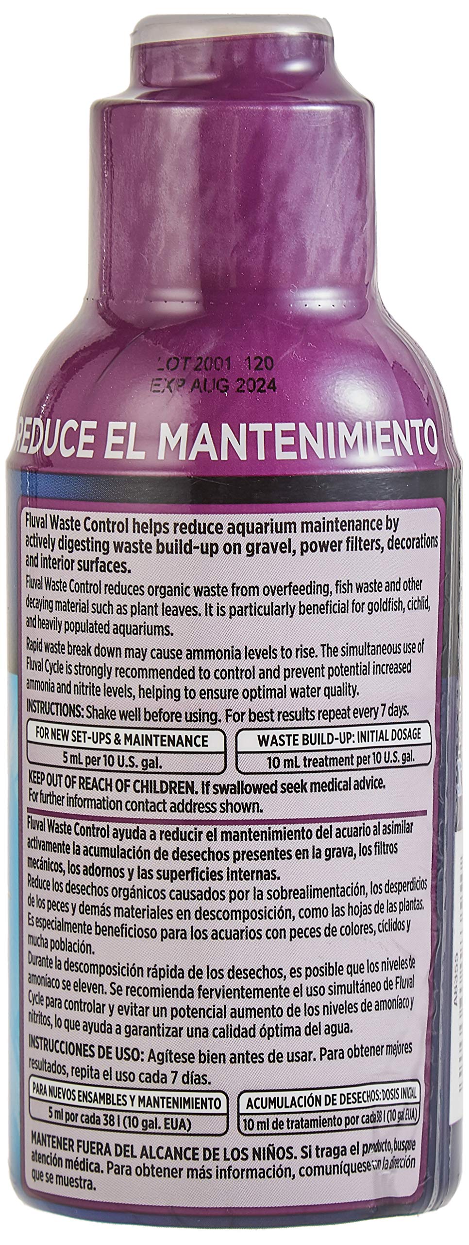 Fluval Waste Control Biological Cleaner, líquido en aplicación para reducir desechos visibles en el acuario.