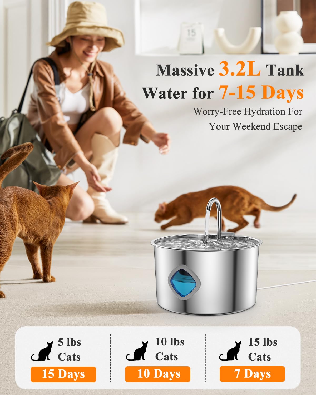 FOOPOMARY fuente agua gatos 3.2L, gran capacidad para hogares múltiples