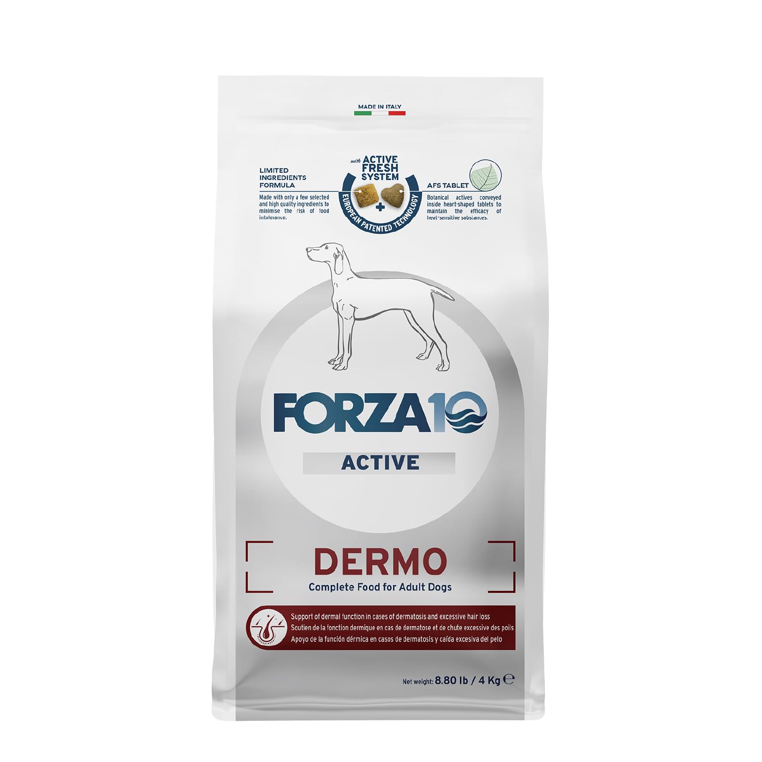 Forza10 Dermo seco para perro: bolsa de alimento premium para piel saludable.