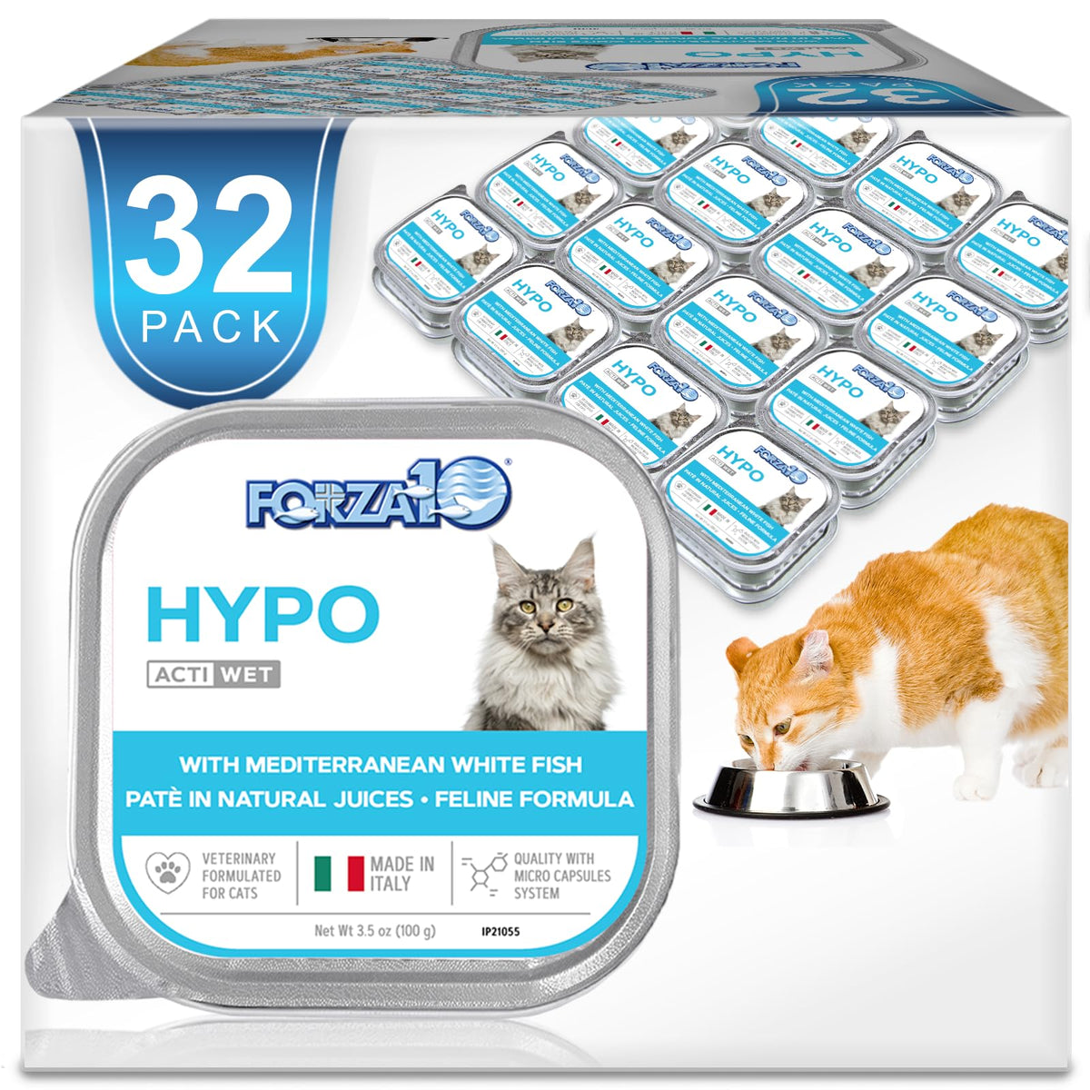 Forza10 gato salmón: lata 32-pack con apoyo al pelaje saludable.