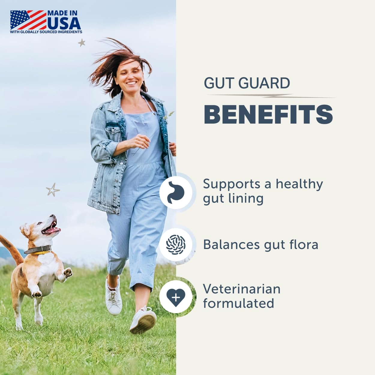 Etiqueta de Gut Guard Four Leaf Rover con información de beneficios.