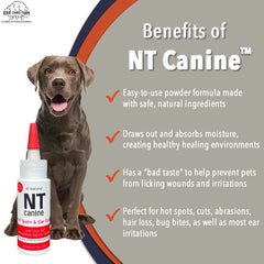 Four Oaks Farm Ventures NT Canine Dry Powder, cuidado de piel y pelaje con ingredientes naturales.