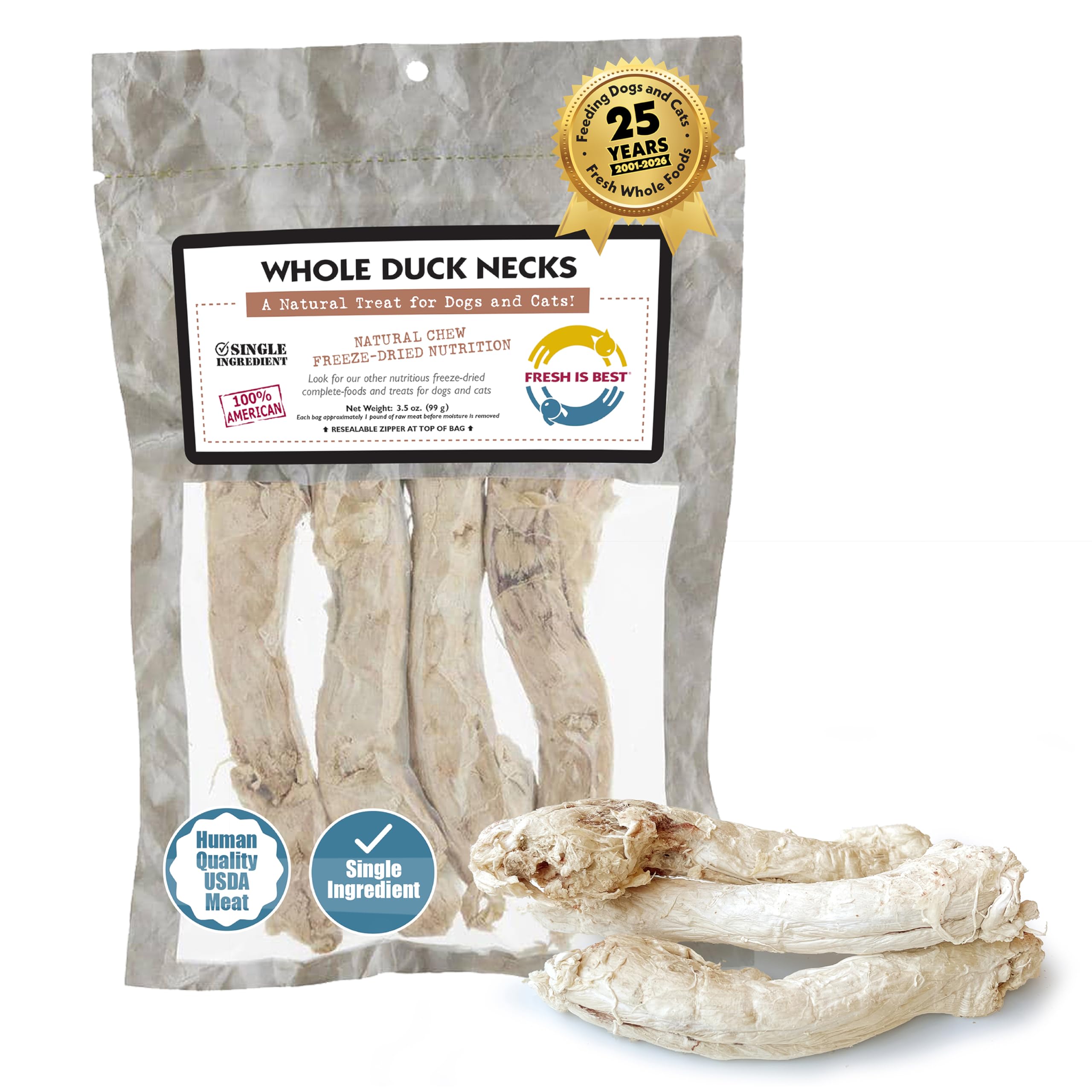 Fresh Is Best cuellos de pato liofilizados, snack alto en proteína para perros.