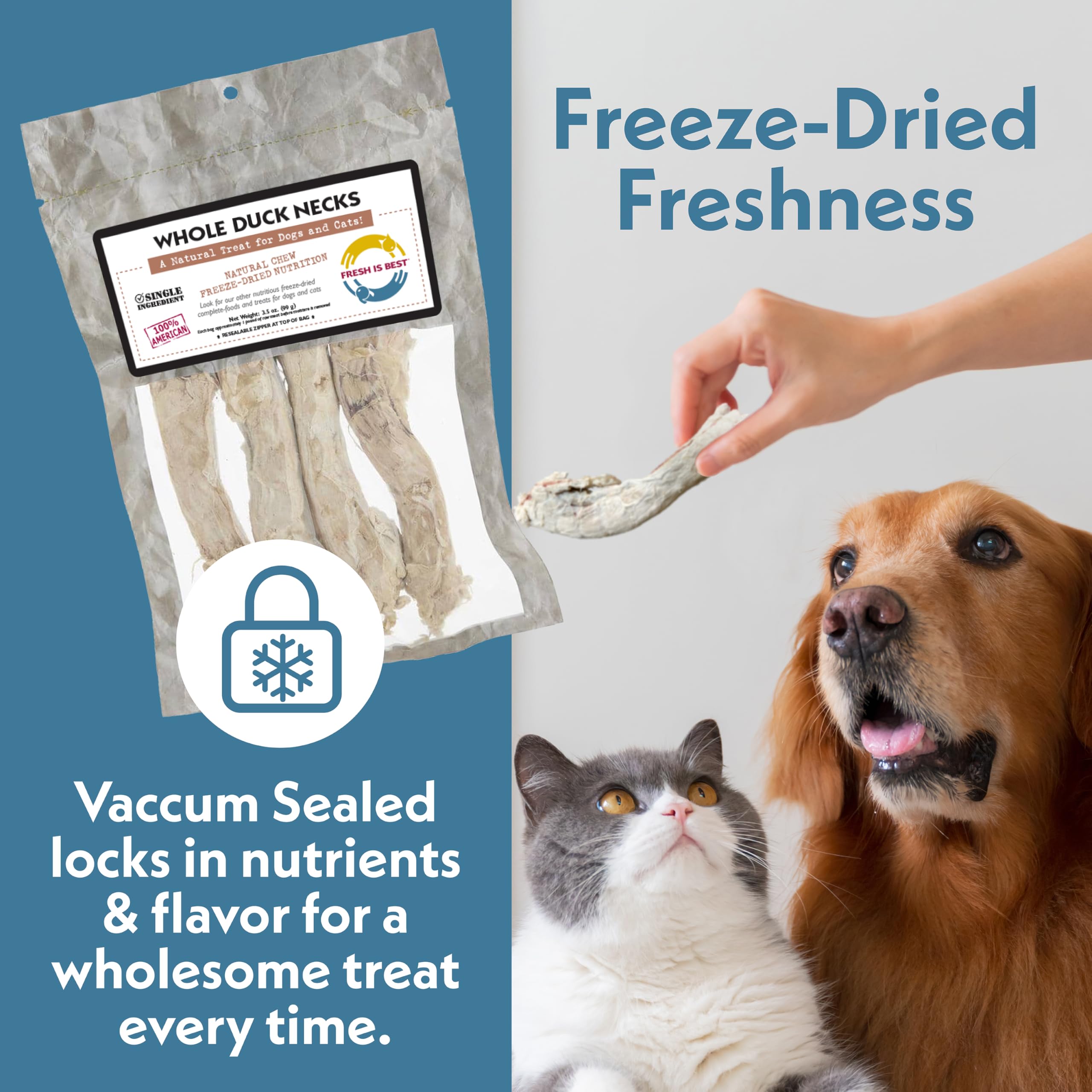Fresh Is Best snack proteico para perros y gatos.