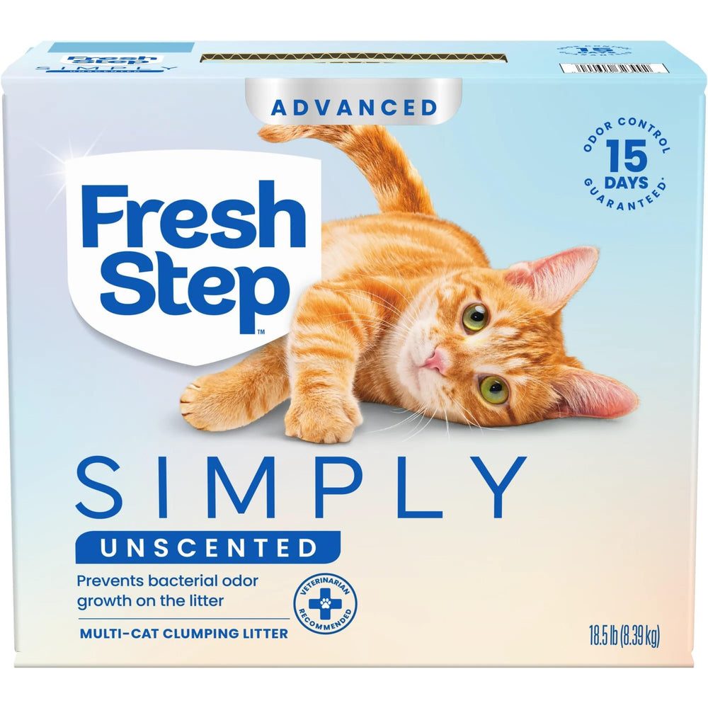 Fresh Step Advanced sin aroma junto a caja de arenero para gatos, control de olores.