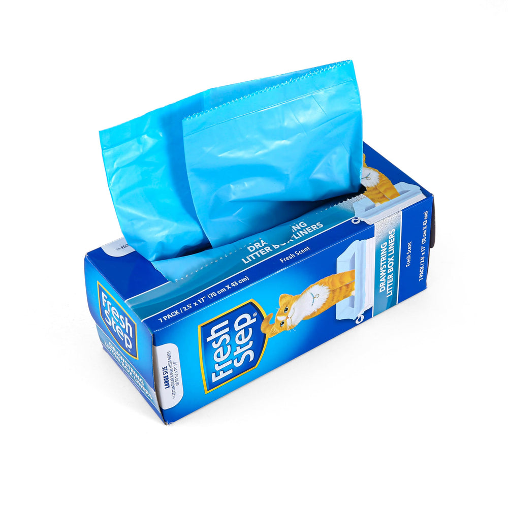 Fresh Step: bolsas para caja de arena con cierre por cordón para limpieza rápida.
