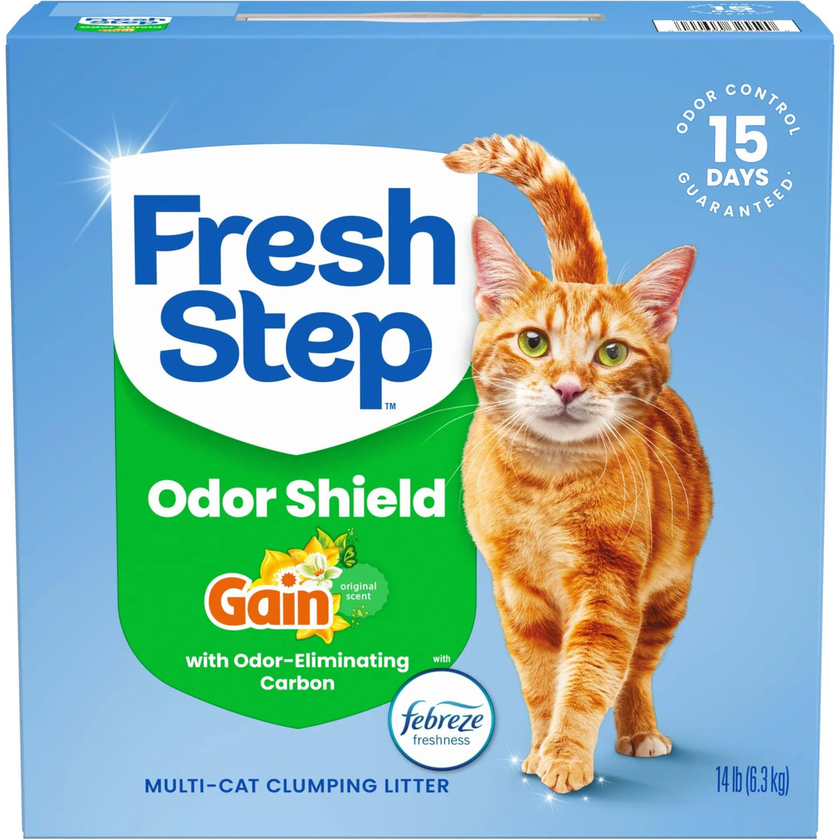Fresh Step litière agglomerante avec Febreze Gain Original, odeurs maîtrisées à chaque ouverture.