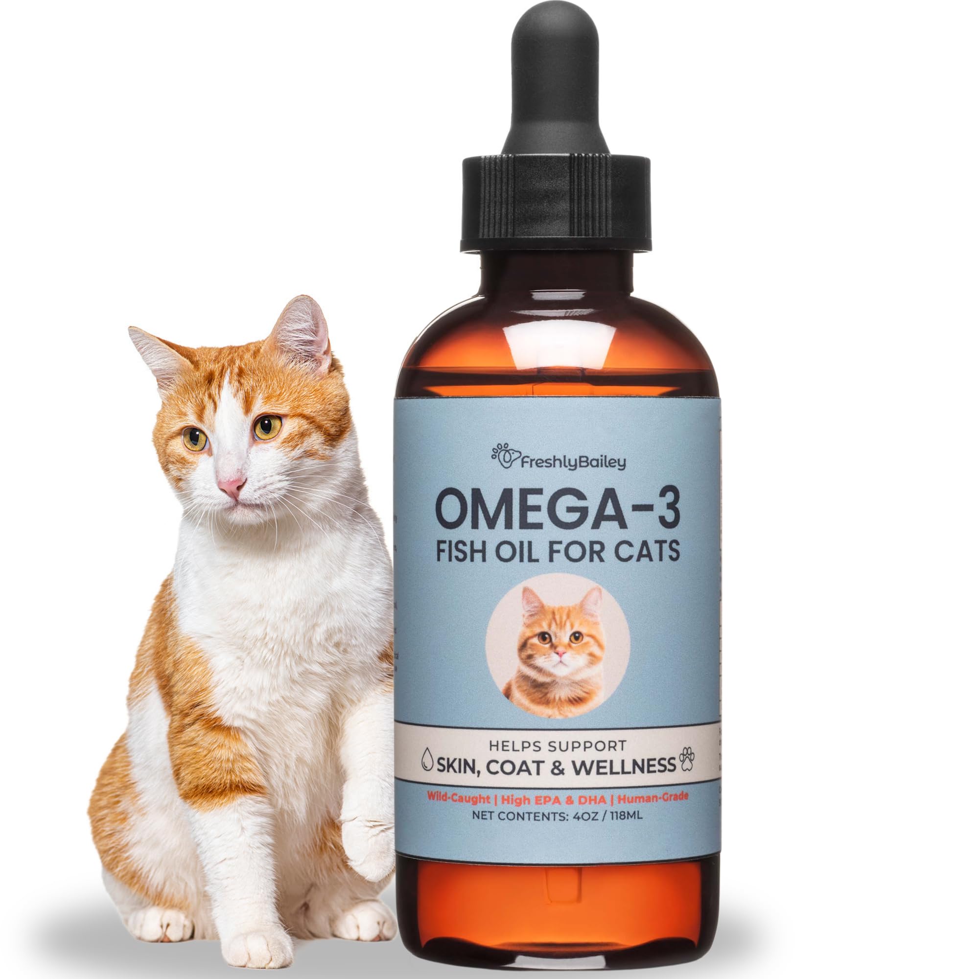 Freshly Bailey Omega3 cat bottle closeup showing pure fish oil for healthy skin.