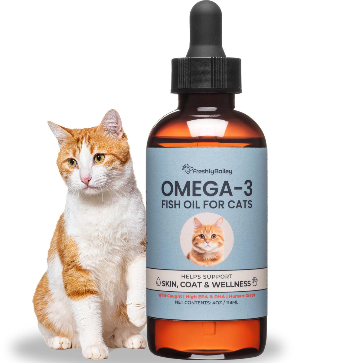 Freshly Bailey Omega3 cat bottle closeup showing pure fish oil for healthy skin.