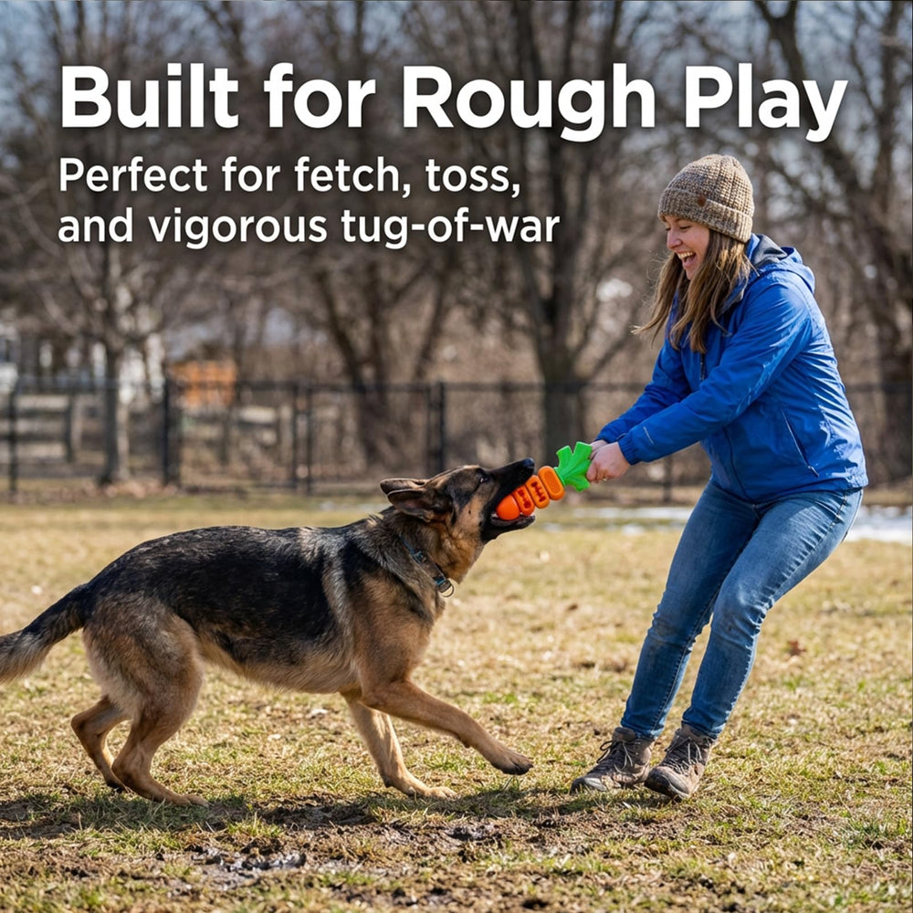 Frienhund juguete zanahoria para perros medianos y grandes, diseño divertido que invita a jugar.