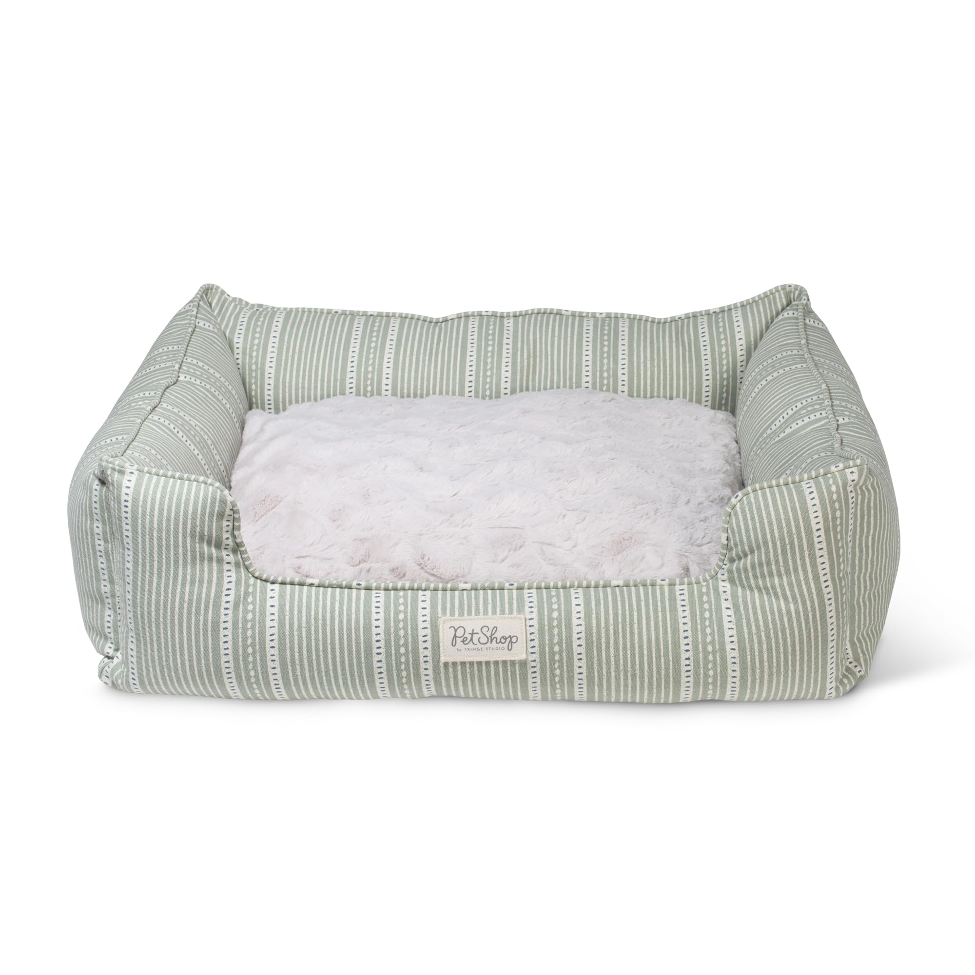 Cama rectangular para mascotas Fringe Studio Block Stripe Dusty Sage para mascotas pequeñas.