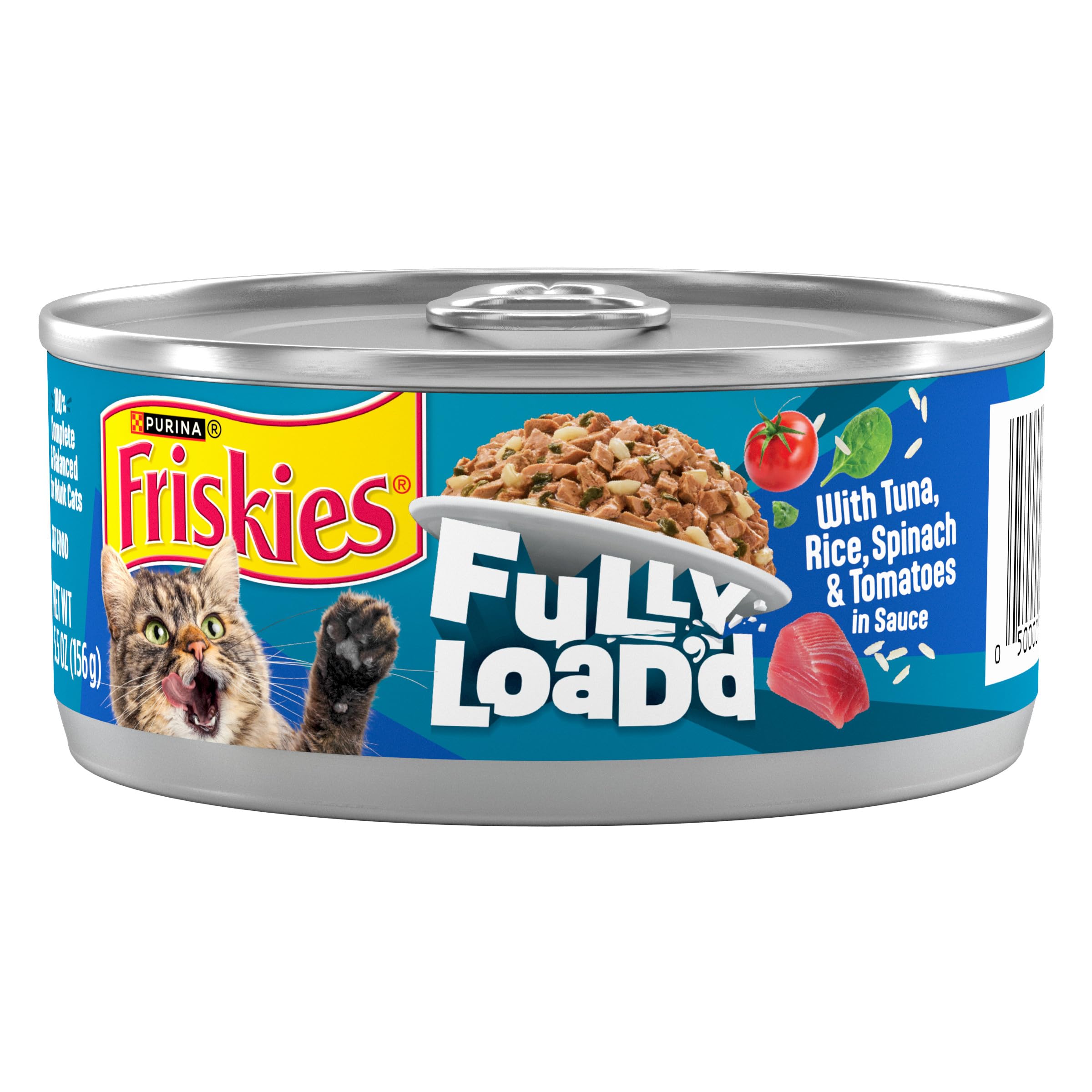 Friskies atún-arroz-espinaca-tomates en salsa: proteína de alta calidad para adultos gatos.