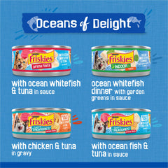 Friskies atún y pescado blanco en salsa, textura atractiva.