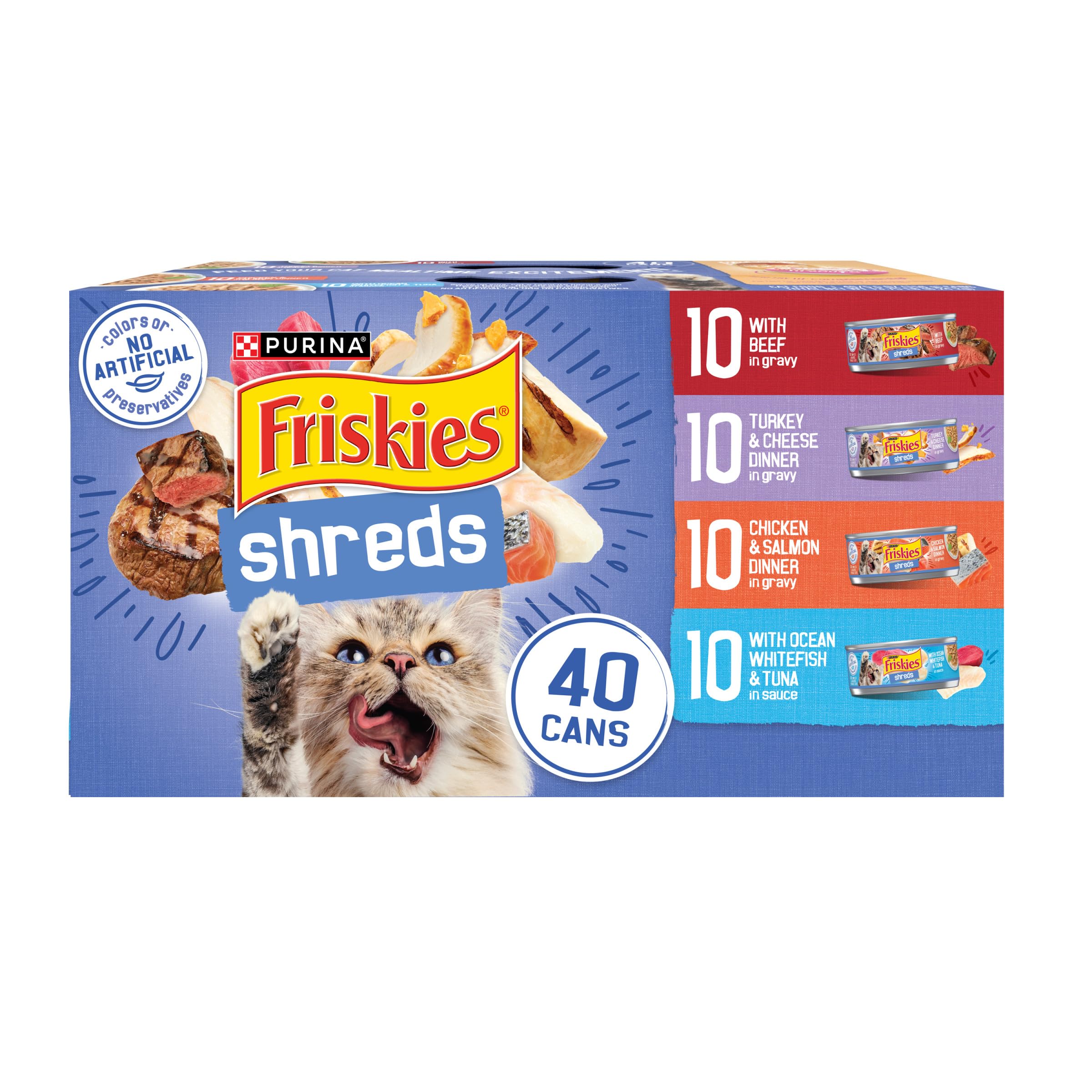 Friskies carne deshebrada en salsa, textura atractiva para la comida diaria.