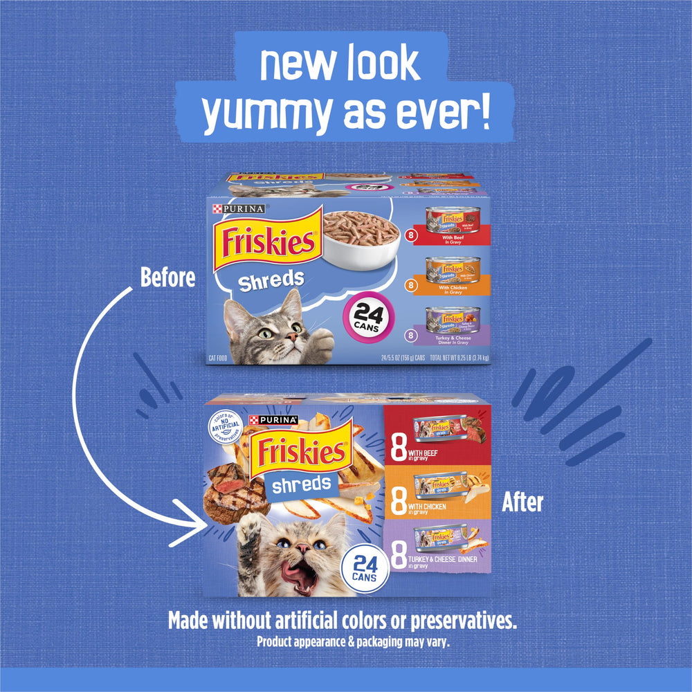 Friskies deshebrados de pollo en lata: sabor delicioso diario.