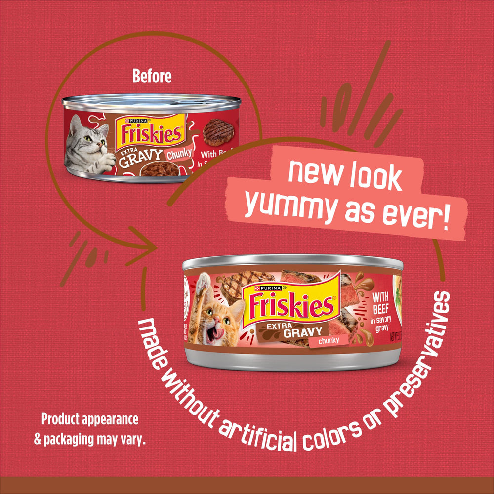 Friskies Extra Gravy: trozos de carne en salsa húmeda, textura atractiva para gatos.