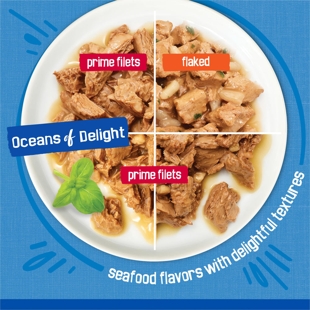 Friskies filetes con océano y atún en salsa, sabor marino.
