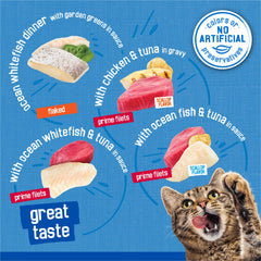 Friskies Filetes con pescado blanco del océano y atún en salsa.