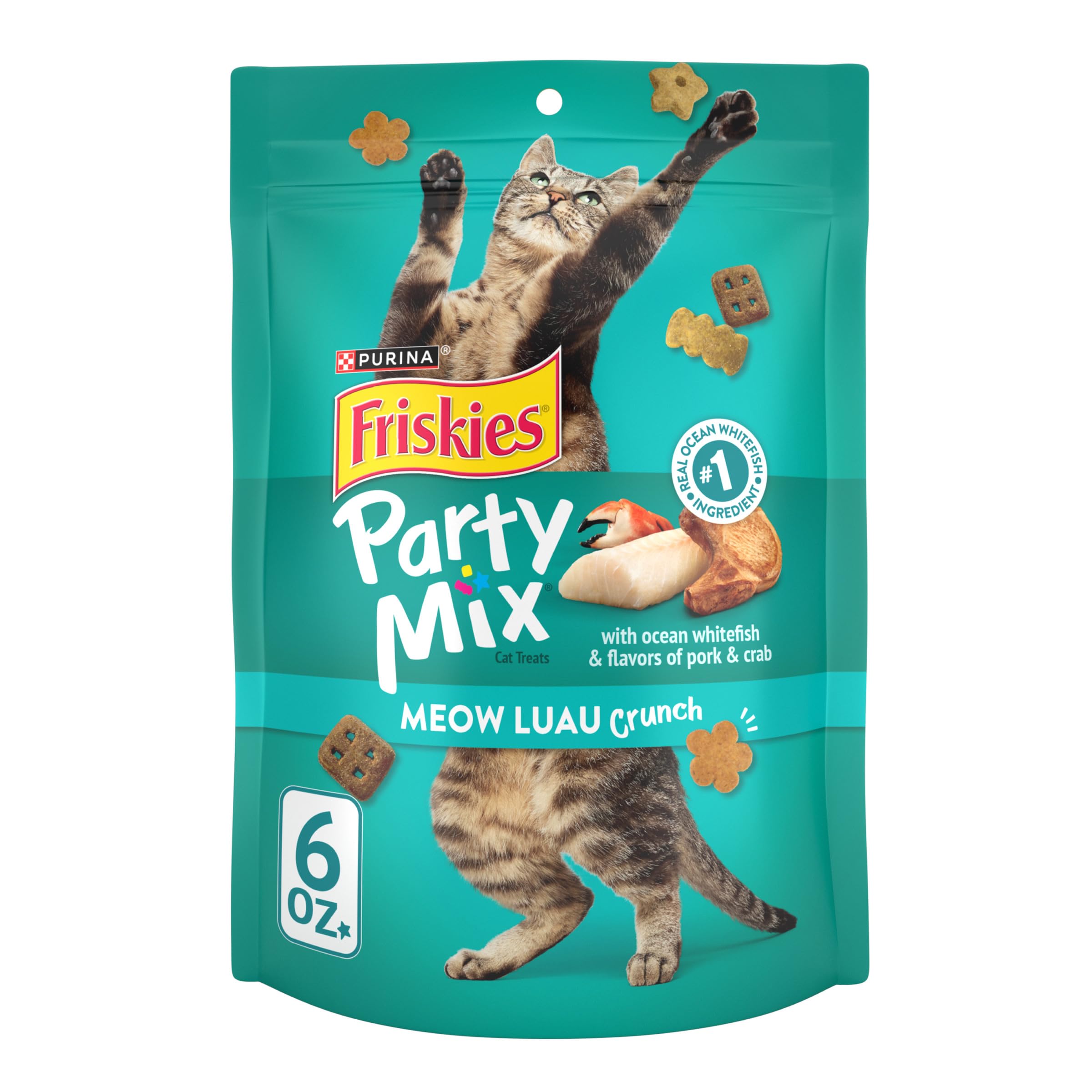 Friskies Party Mix Meow Luau Crunch, bocaditos tamaño ideal para mordidas seguras en gatos adultos.