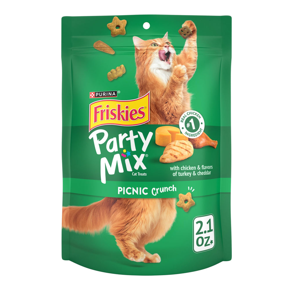 Friskies golosinas para gatos, paquete cierre hermético para frescura y meriendas.