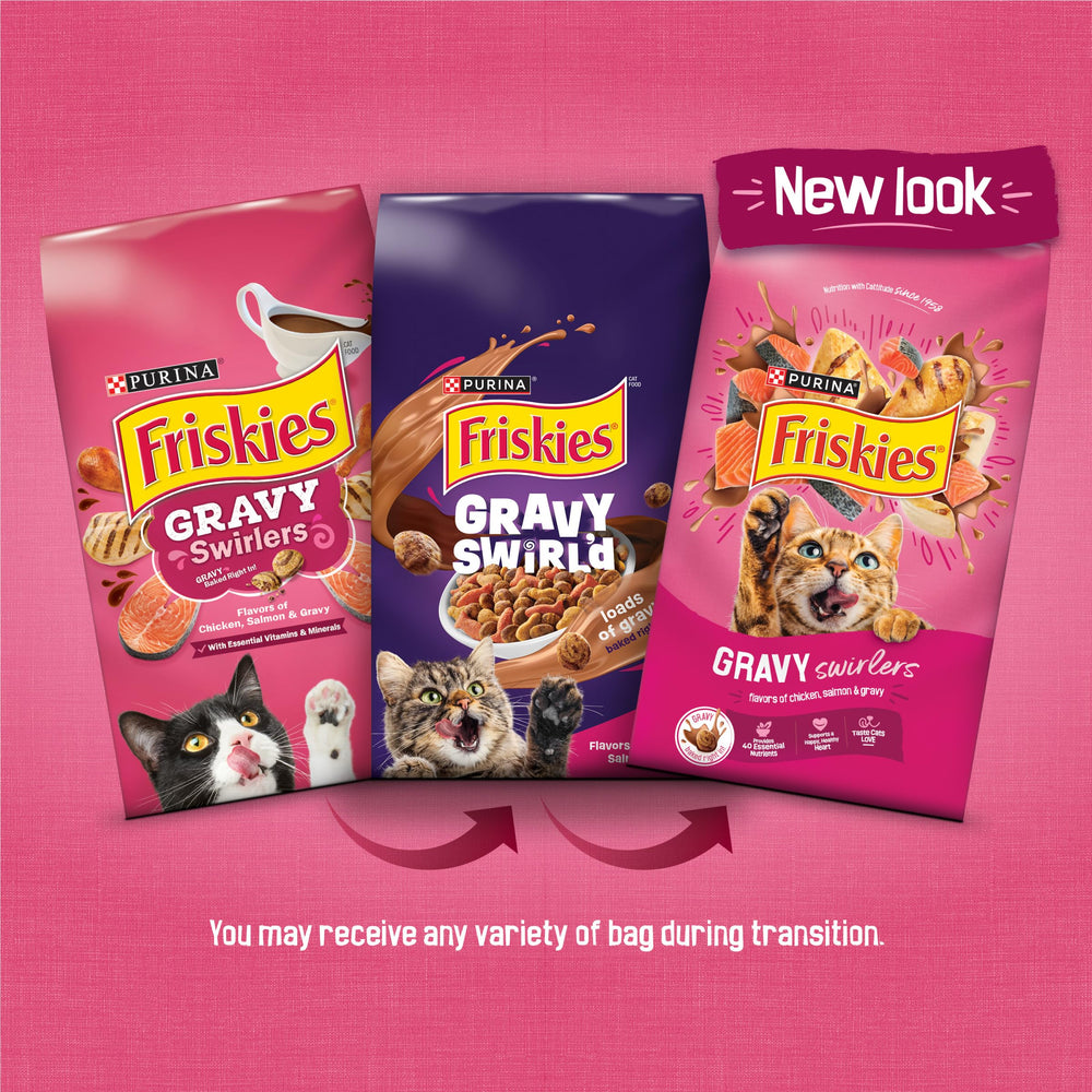 Friskies Gravy Swirlers con salmón sabroso en tazón para gato activo.
