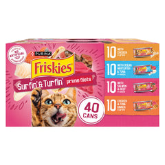 Friskies Gravy Wet Cat Food variedad Surfin y Turfin en 40 latas de 5.5 oz, ideal para variedad diaria.