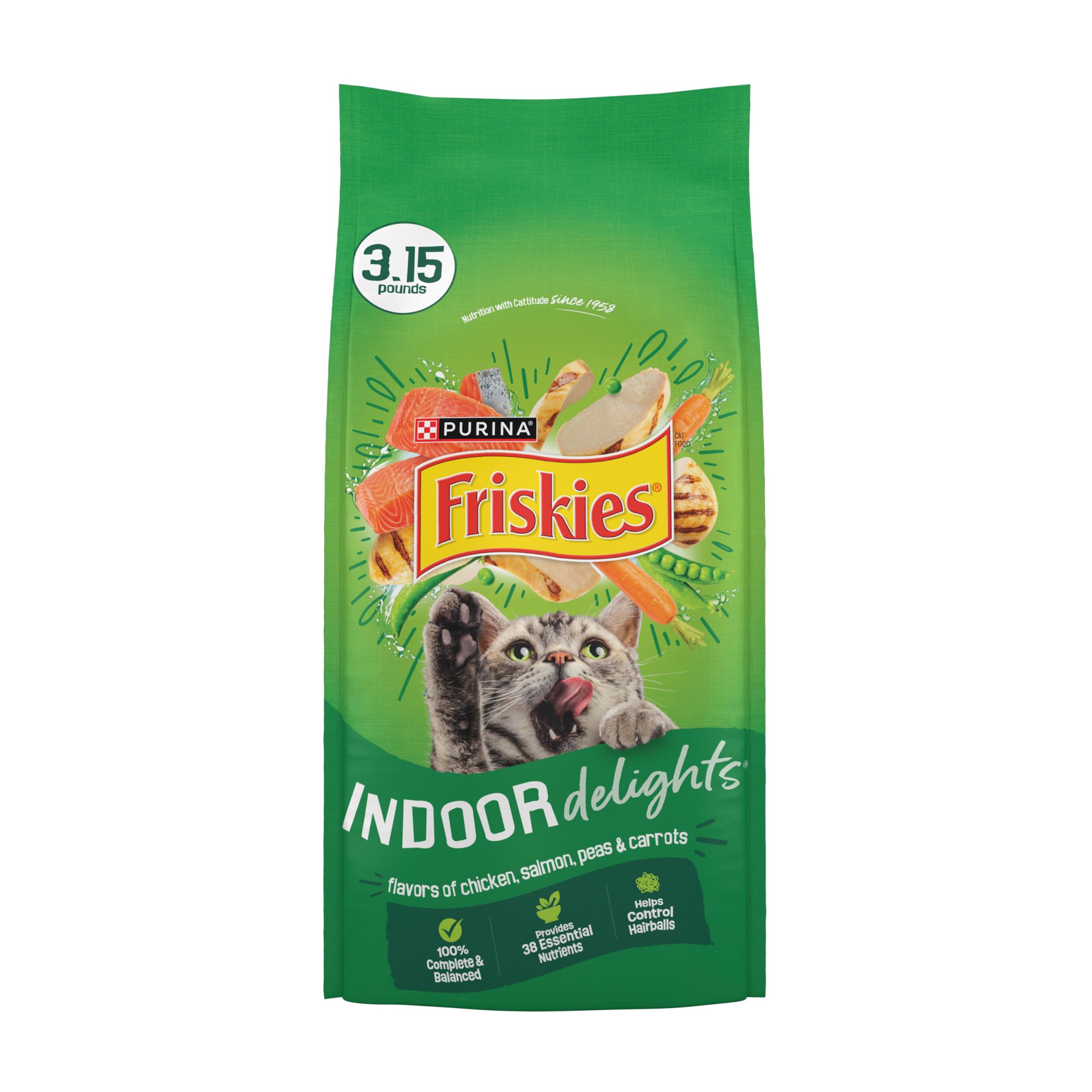 Friskies croquetas mixtas de pollo y salmón para gatos de interior.