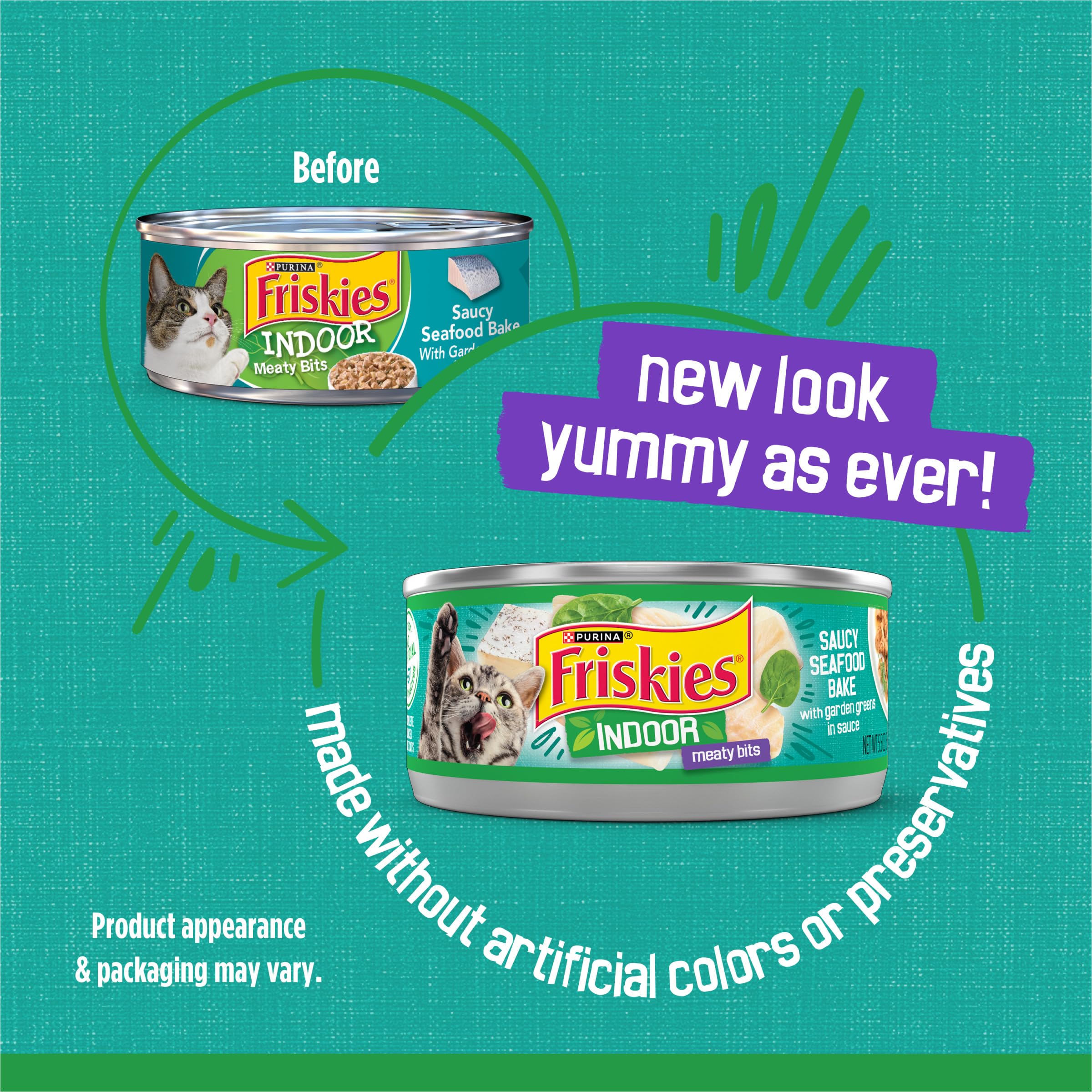 Friskies Indoor Saucy Seafood Bake, lata: textura suave para masticar y satisfacción felina