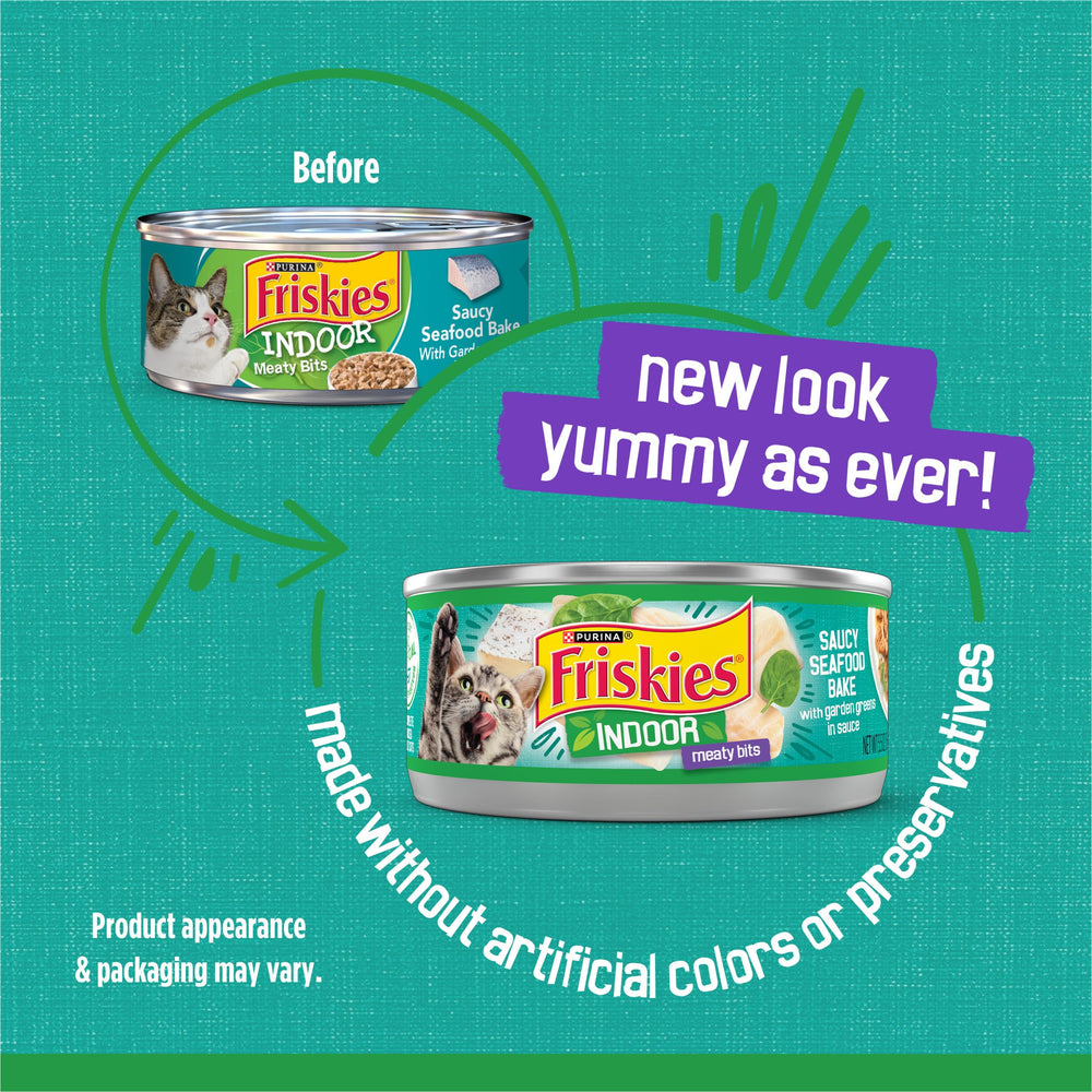 Friskies Indoor Saucy Seafood Bake, lata: textura suave para masticar y satisfacción felina