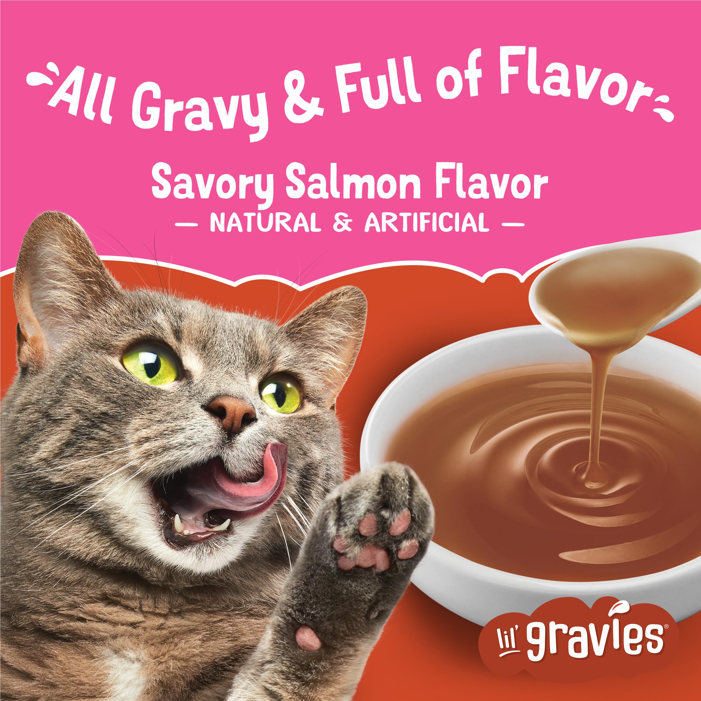 Friskies Lil' Gravies Saumon – garniture sur croquettes pour plus de saveur.