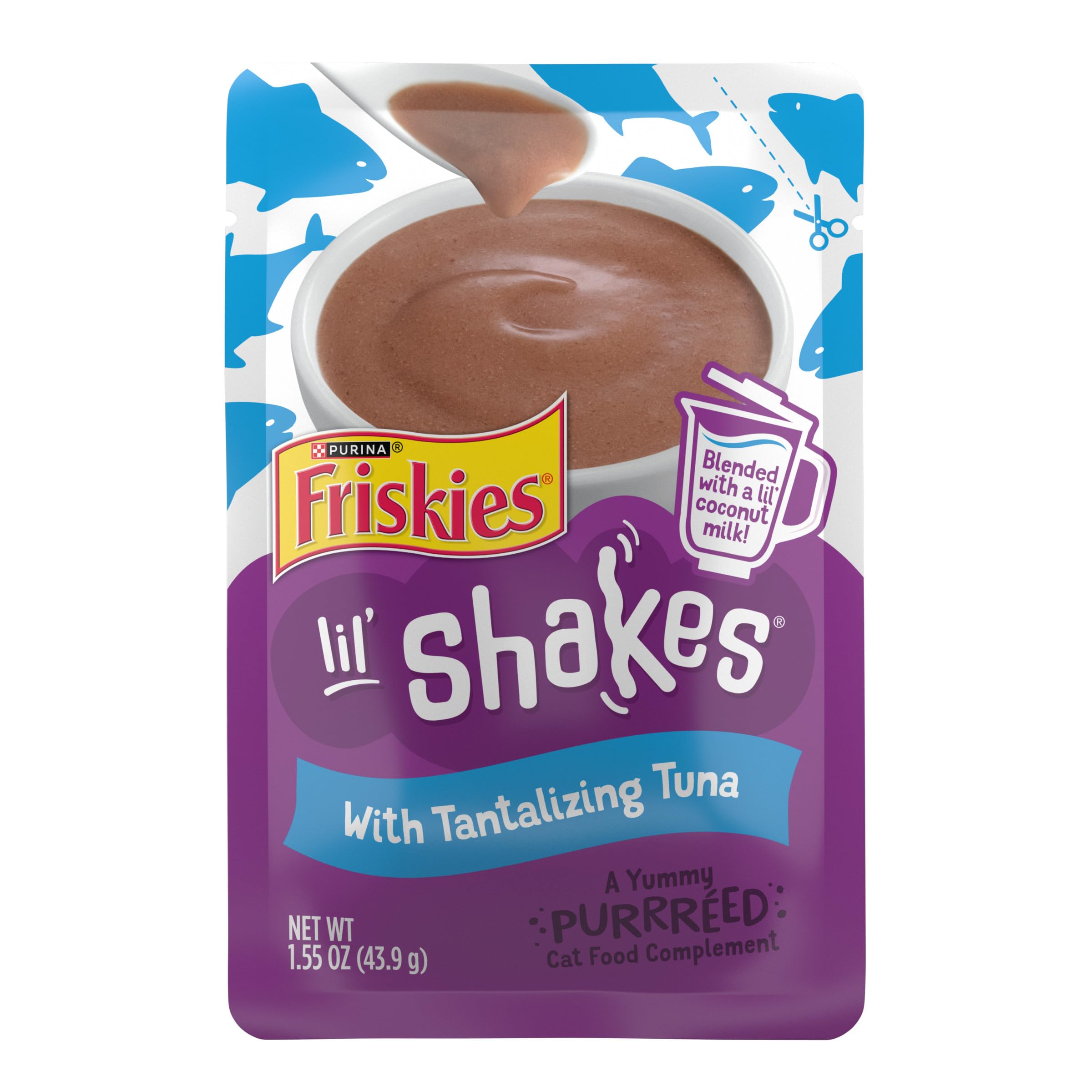 Friskies Lil’ Shakes atún, topper suave para realzar comidas húmedas.