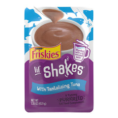 Friskies Lil’ Shakes atún, topper suave para realzar comidas húmedas.