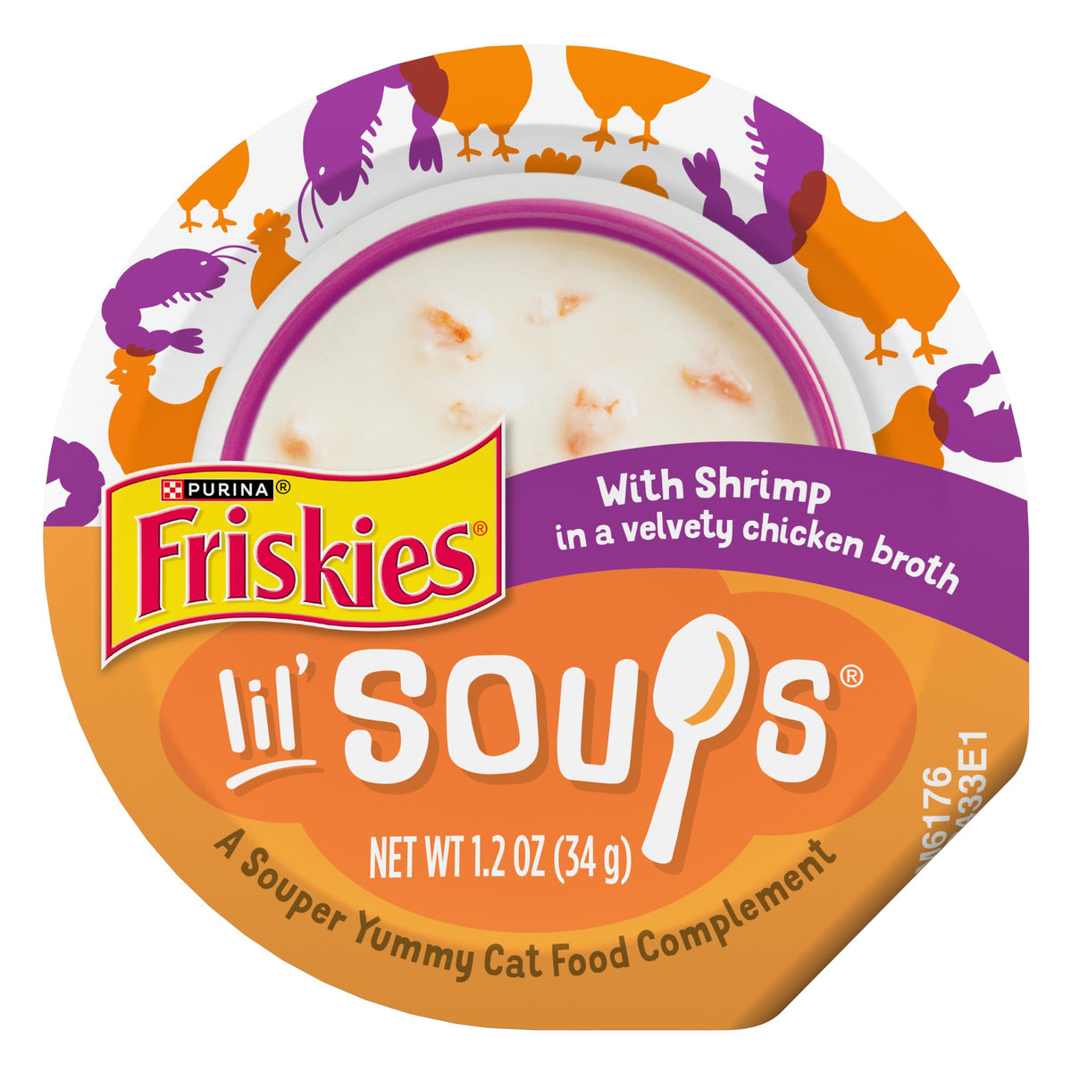 Friskies Lil’ Sopas en copa con camarones y pollo, snack sabroso para gatos.