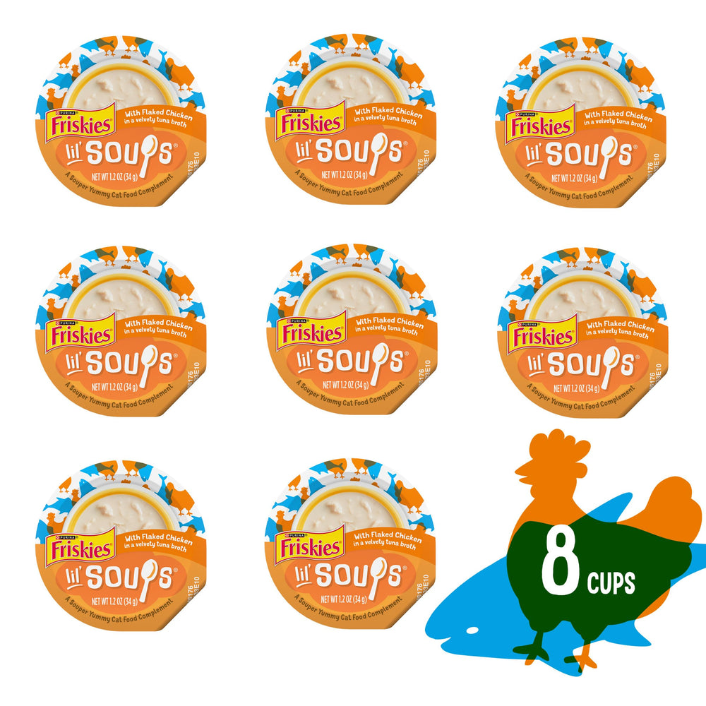 Friskies Lil' Soups textura cremosa pollo, experiencia sabrosa para morder