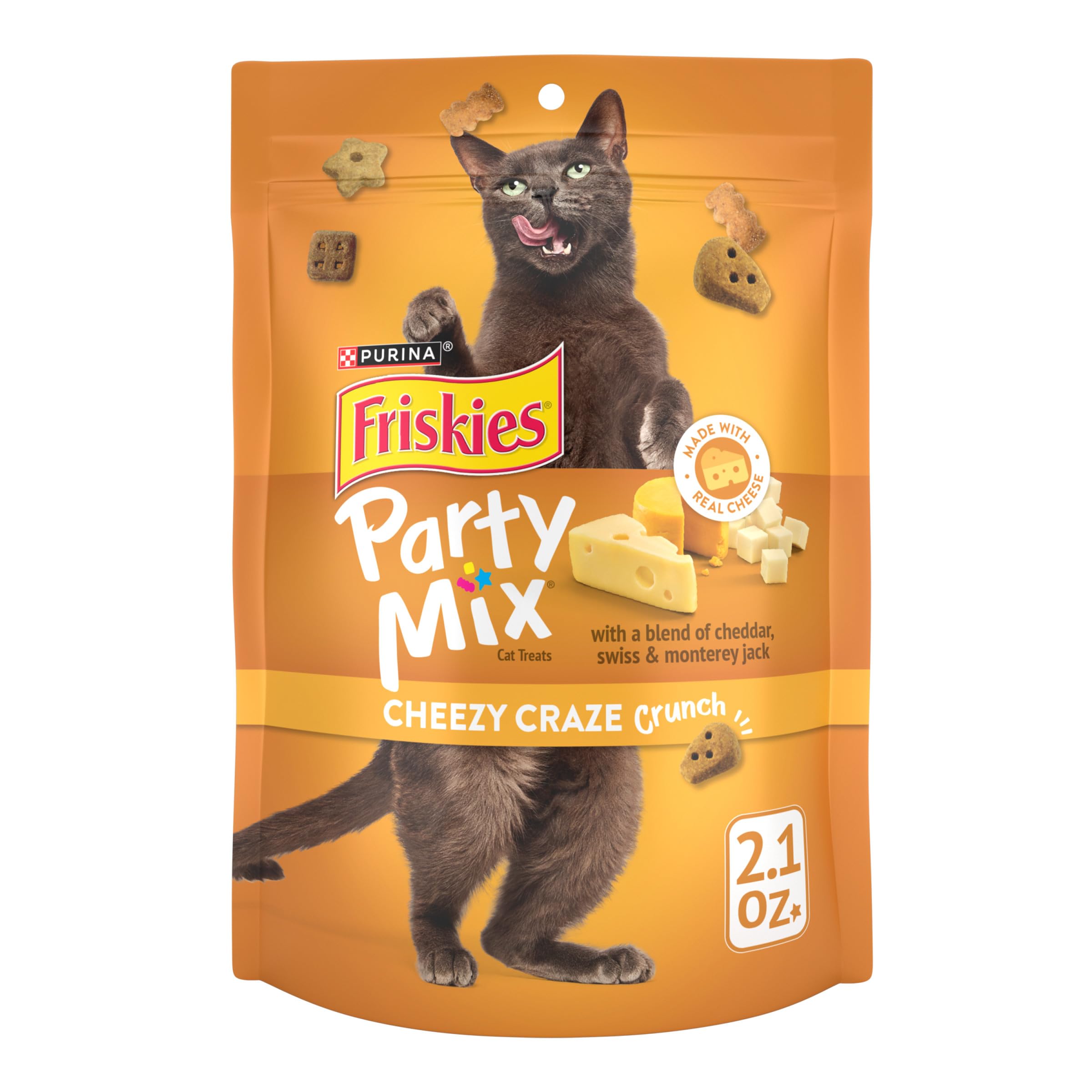 Friskies Party Mix Cheezy Craze Crunch, bolsa de 2.1 oz para premiar a tu gato.