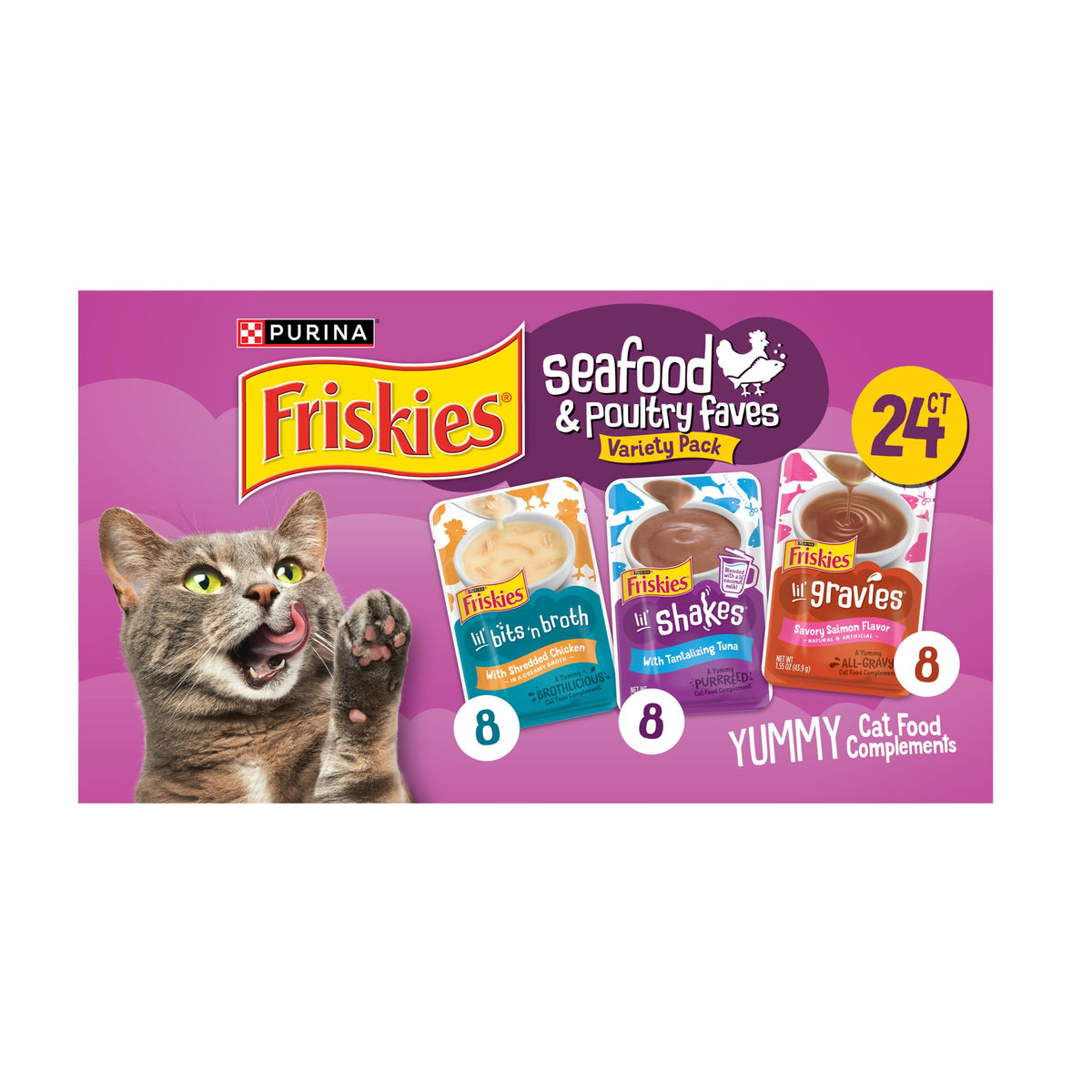 Friskies: mezcla leche de coco, porción individual; ideal como topping o snack para gatos.