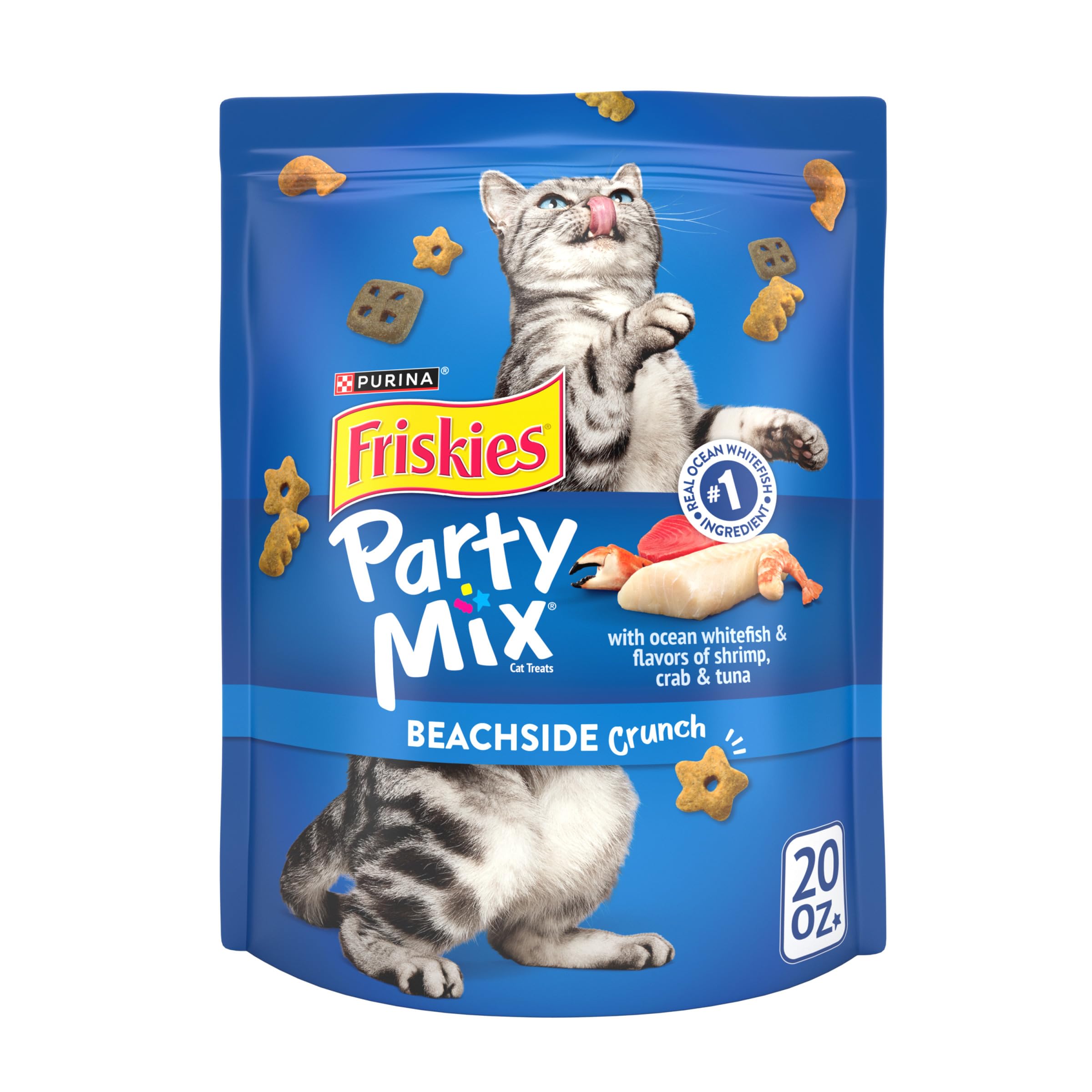 Friskies Party Mix Beachside Crunch en bolsa de 20 onzas, snack entre comidas para gatos.