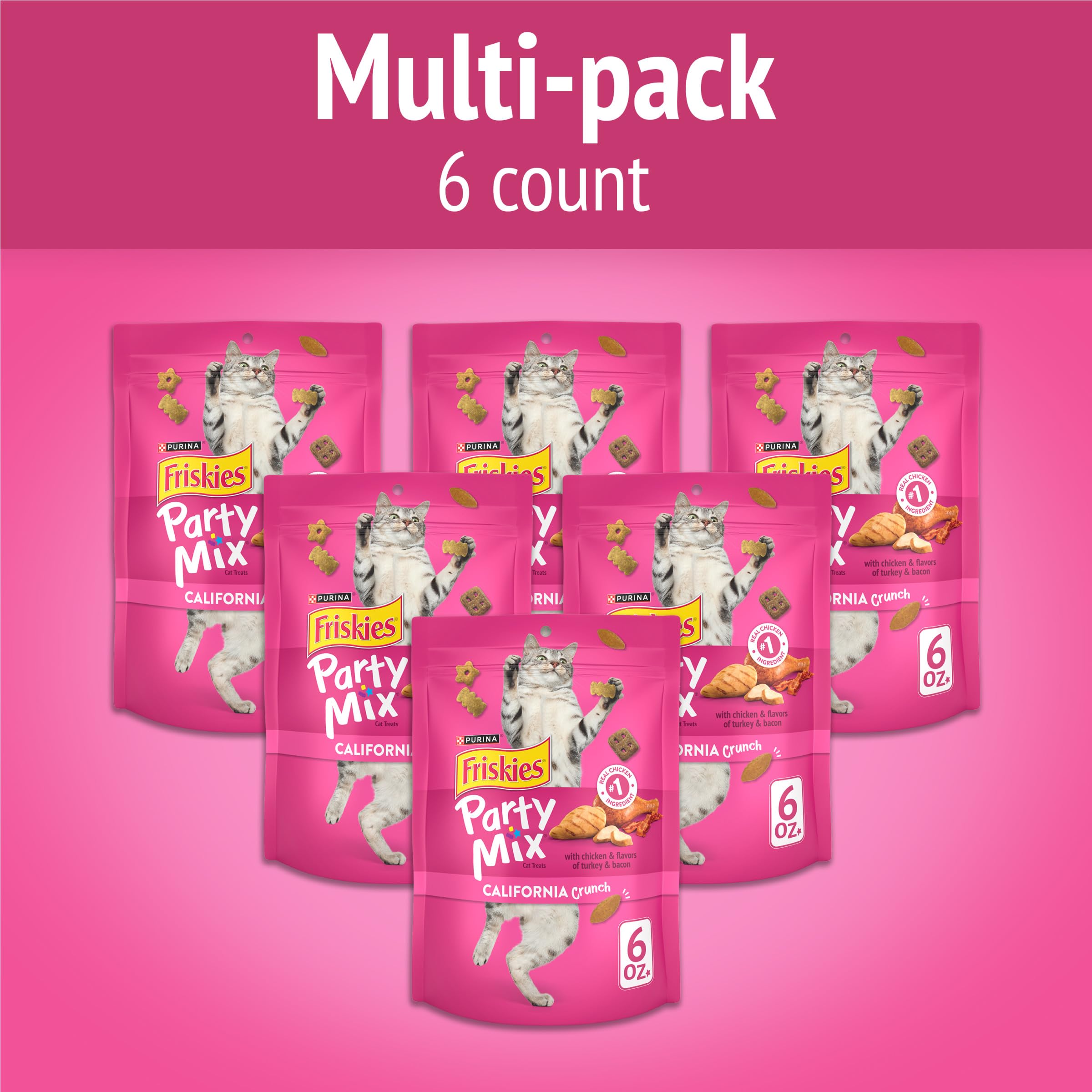 Friskies Party Mix California Crunch pavo y tocino, sabor atractivo para gatos adultos.