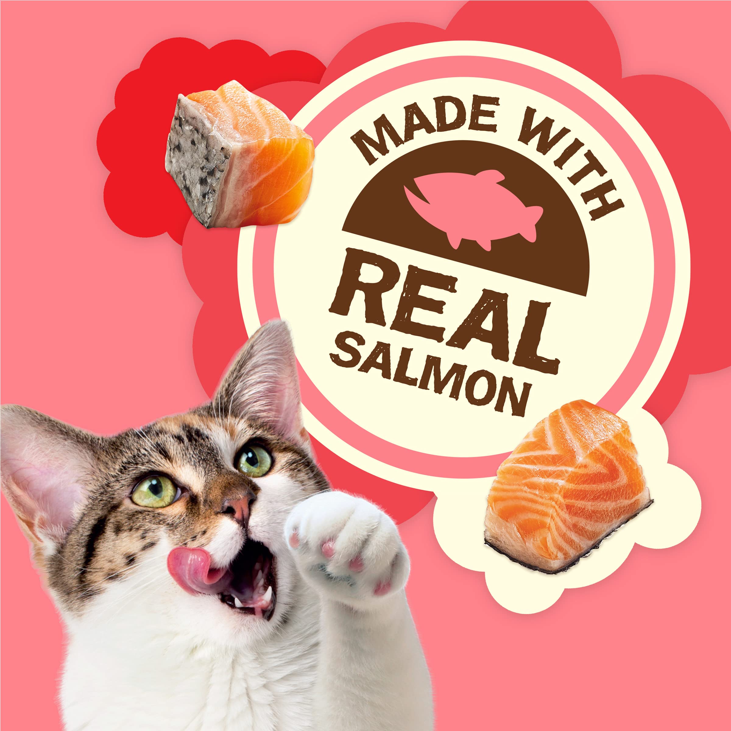 Friskies Party Mix Natural Yums con salmón real: primer ingrediente para sabor auténtico.