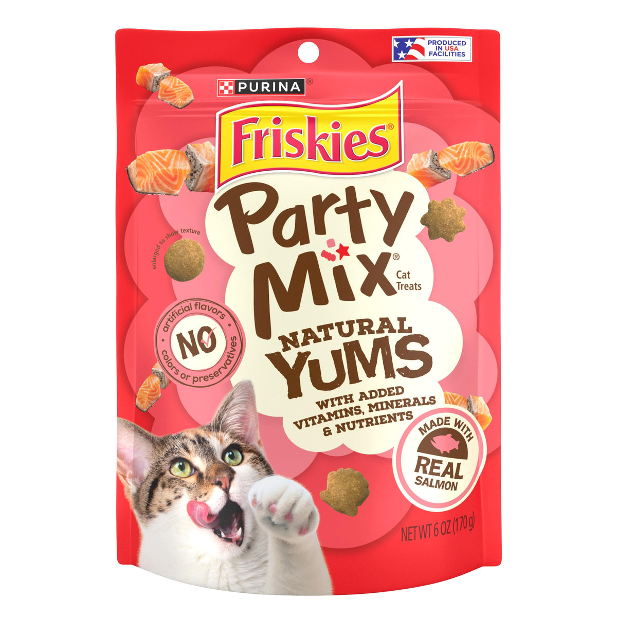 Friskies Party Mix Natural Yums con salmón real, premio sabroso entre comidas