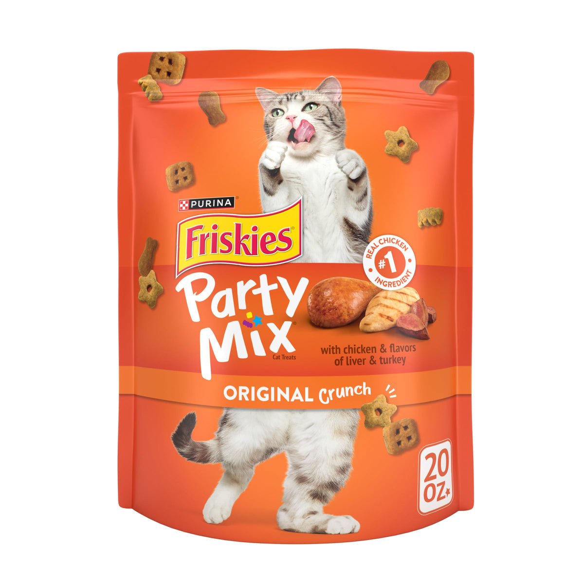 Friskies Party Mix Original Crunch muestra ingredientes reales para sabroso snack
