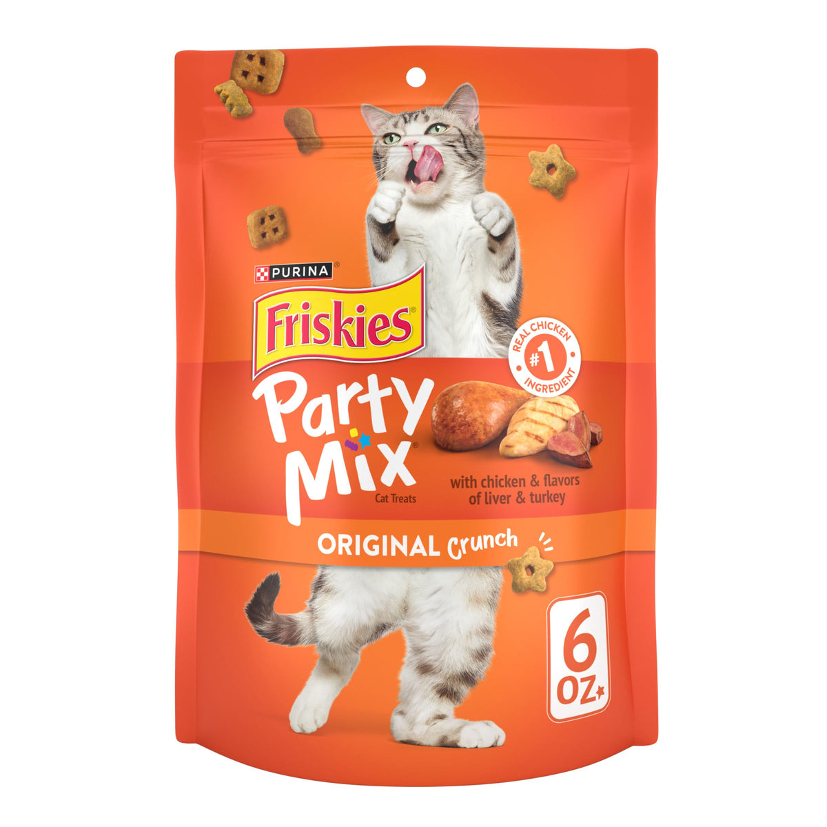 Friskies Party Mix Original Crunch en paquete de 6 oz listo para servir.