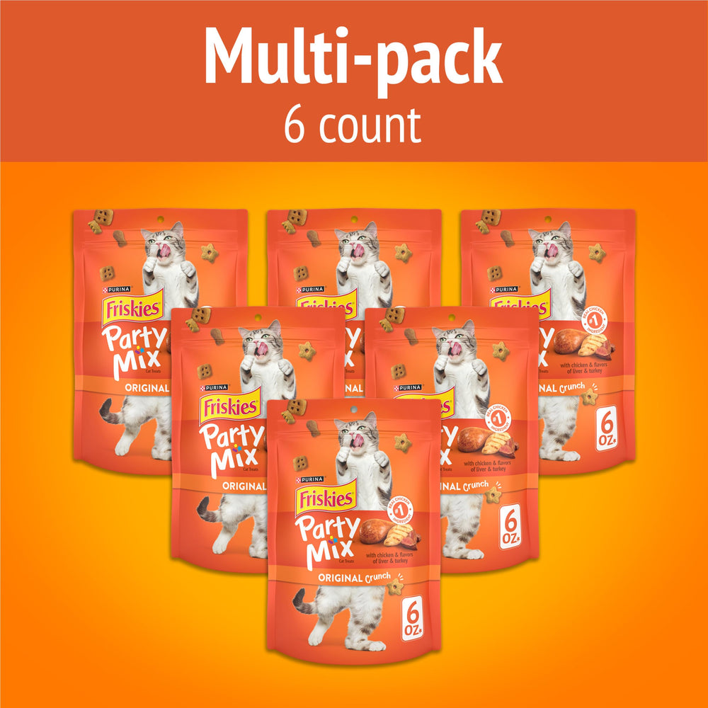Friskies Party Mix Original Crunch con pollo, hígado y pavo, sabor delicioso para gatos.